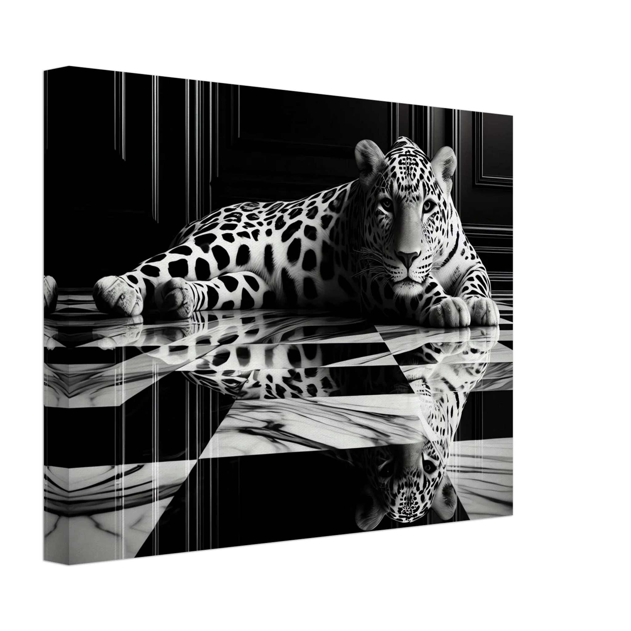 Leopard Canvas Art Print – Striking Design on Black & White Checkered Marble Floor - Print Material -