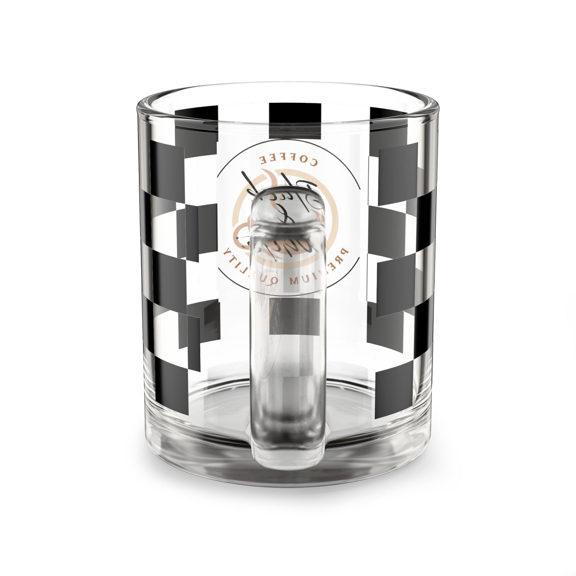 Chic Checkered Glass Mug 10oz with black and white checkered design, clear glass, ergonomic handle, modern coffee cup.