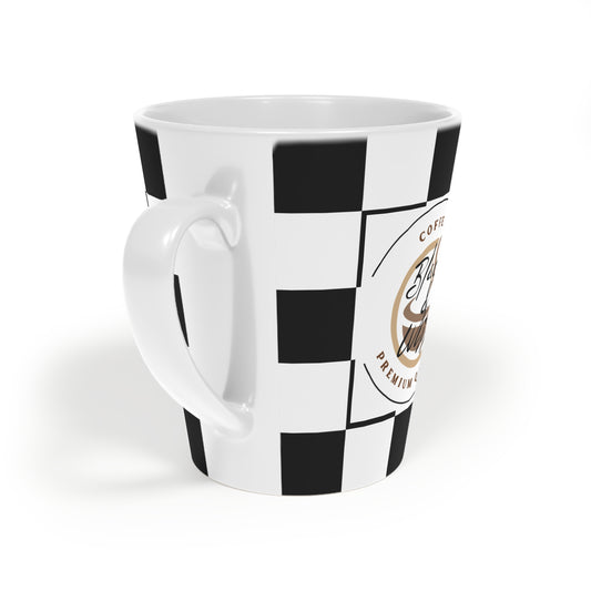 Chic Checkered Latte Mug with black and white checkered pattern and coffee graphics, perfect for coffee lovers.