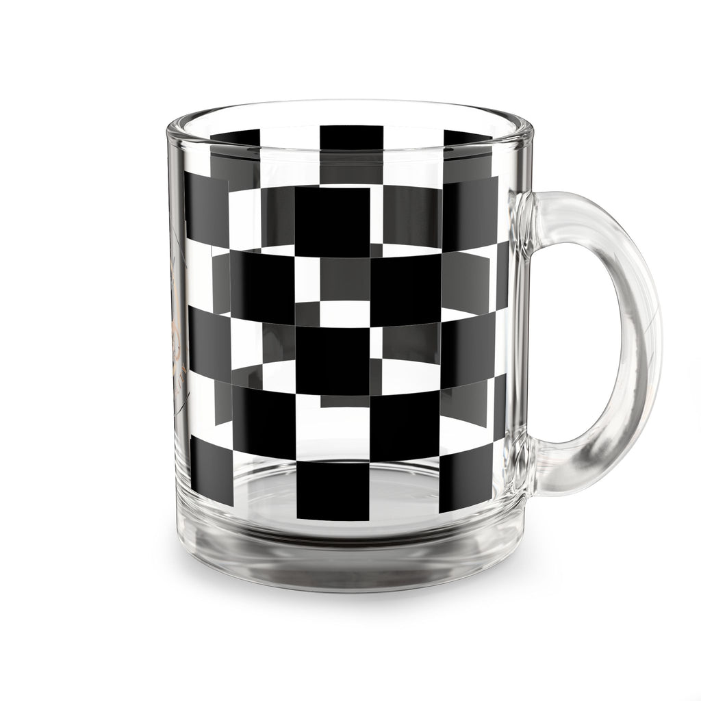 Chic Checkered Glass Mug - 10oz, Modern Coffee Cup, Stylish Drinkware, Unique Gift Idea, Trendy Home Decor, Black & White Design