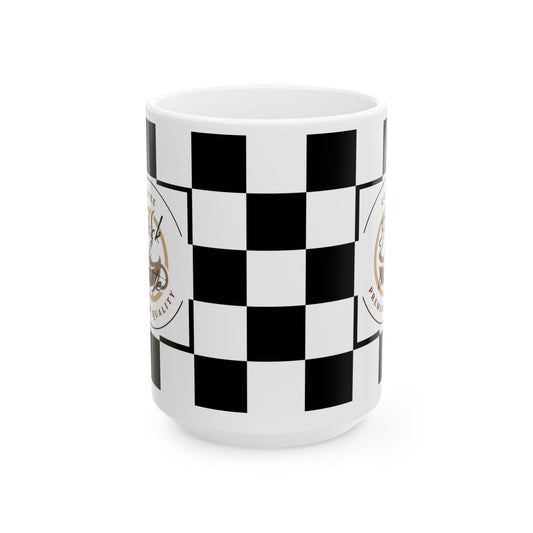 Checkered Ceramic Mug featuring a classic racing checkered pattern, perfect for coffee lovers and racing fans.
