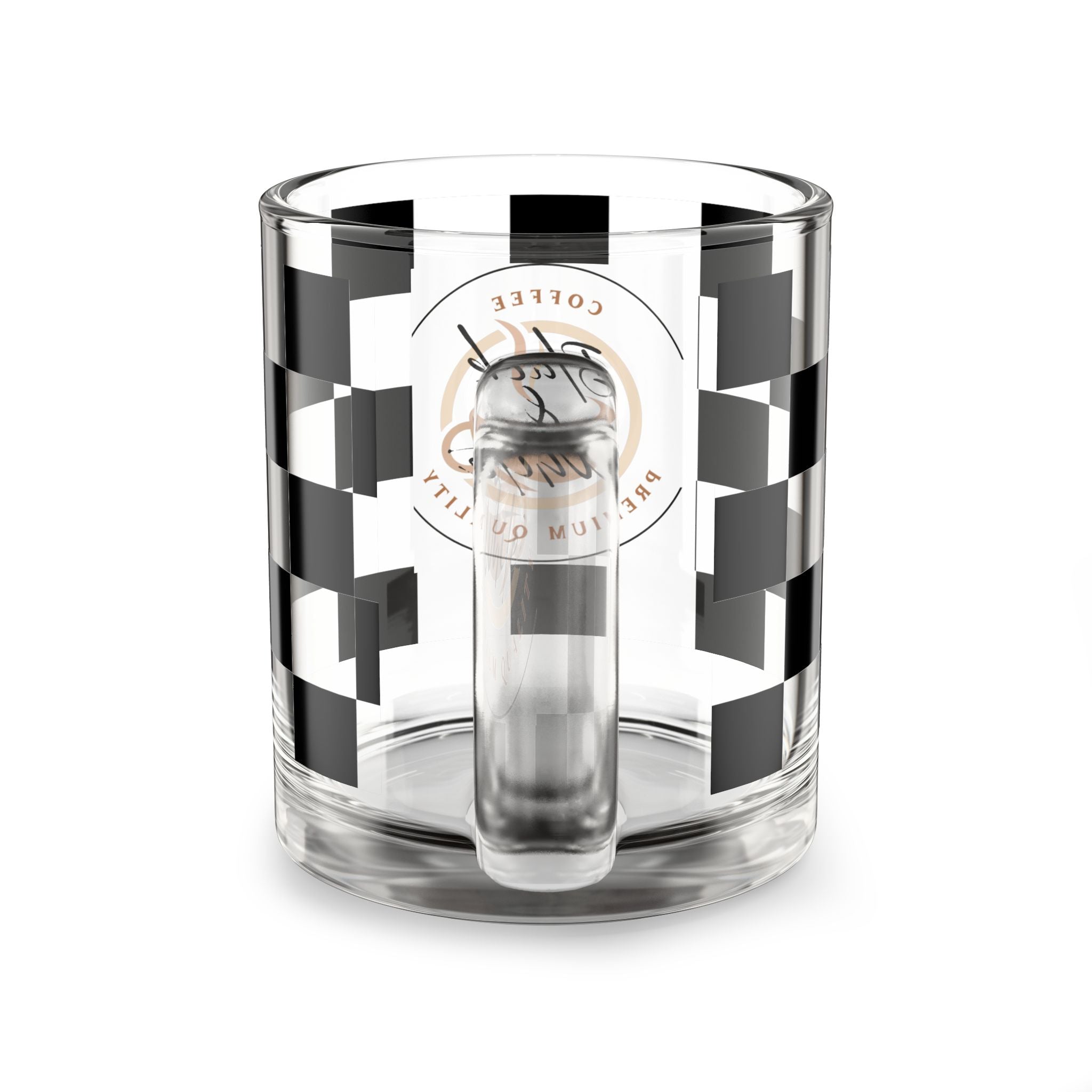 Chic Checkered Glass Mug - 10oz, Modern Coffee Cup, Stylish Drinkware, Unique Gift Idea, Trendy Home Decor, Black & White Design
