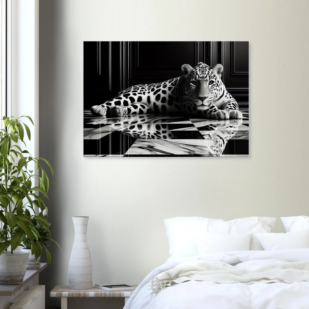 Leopard Canvas Art Print – Striking Design on Black & White Checkered Marble Floor - Print Material -