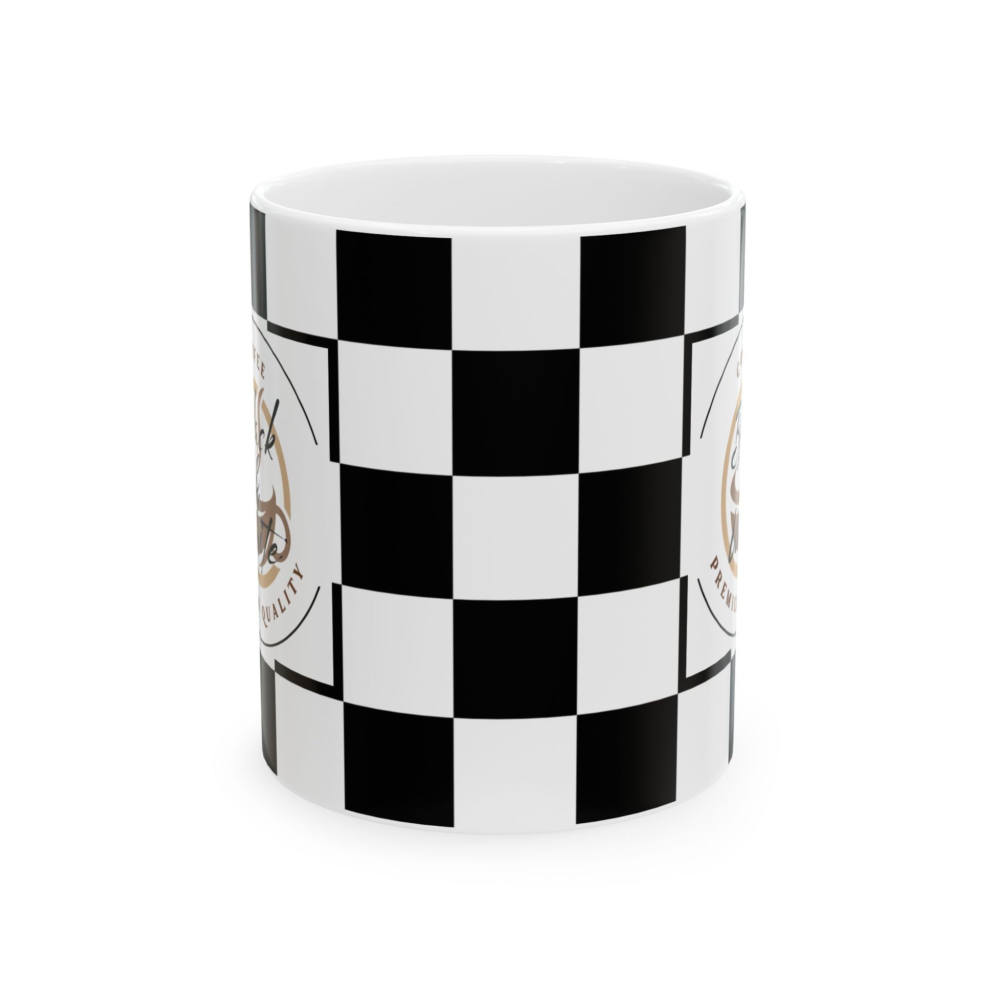 Checkered Ceramic Mug with black and white racing flag design, classic coffee cup for racing fans and unique gift.