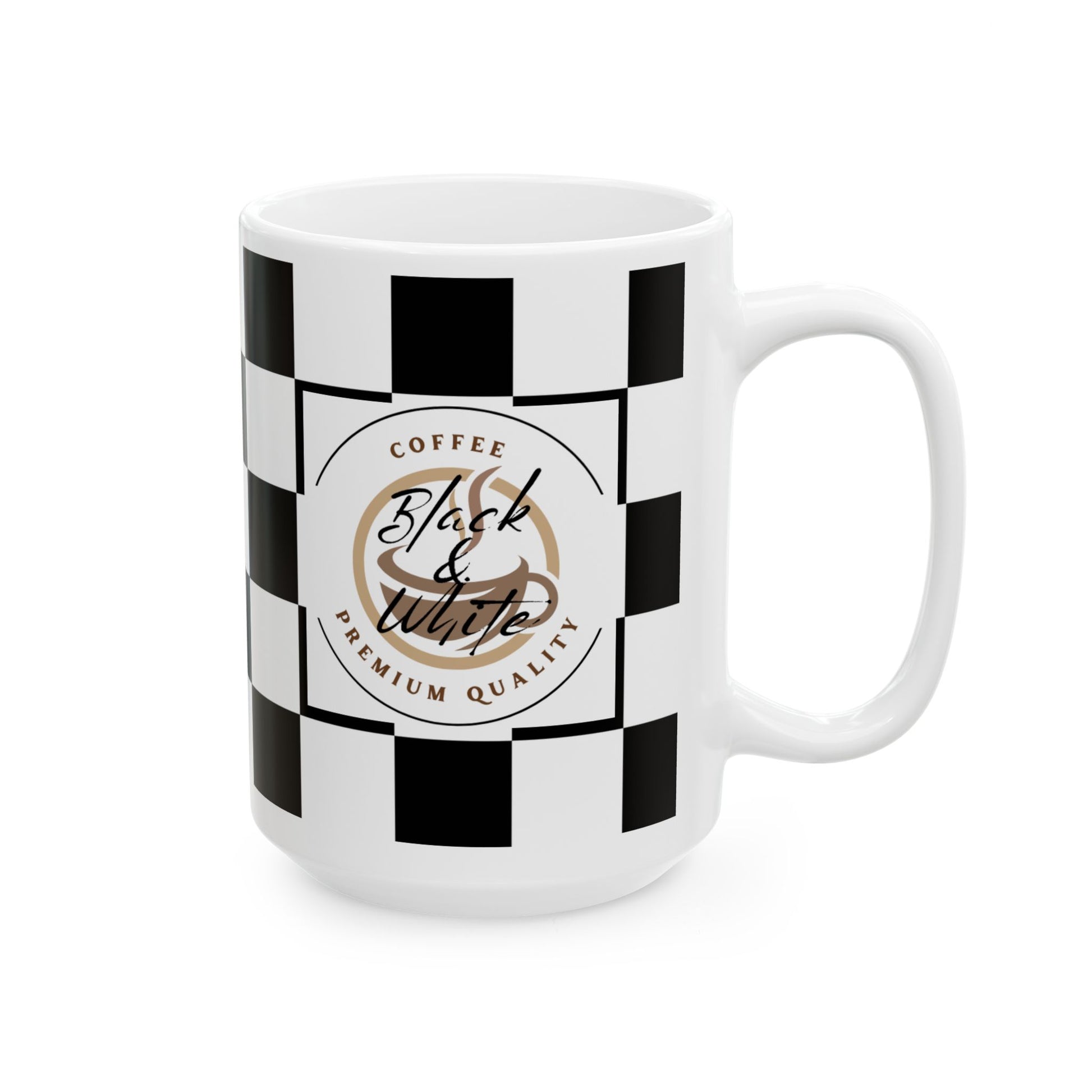Checkered Ceramic Mug featuring black and white checkered design and premium coffee text for racing fans and gift giving.