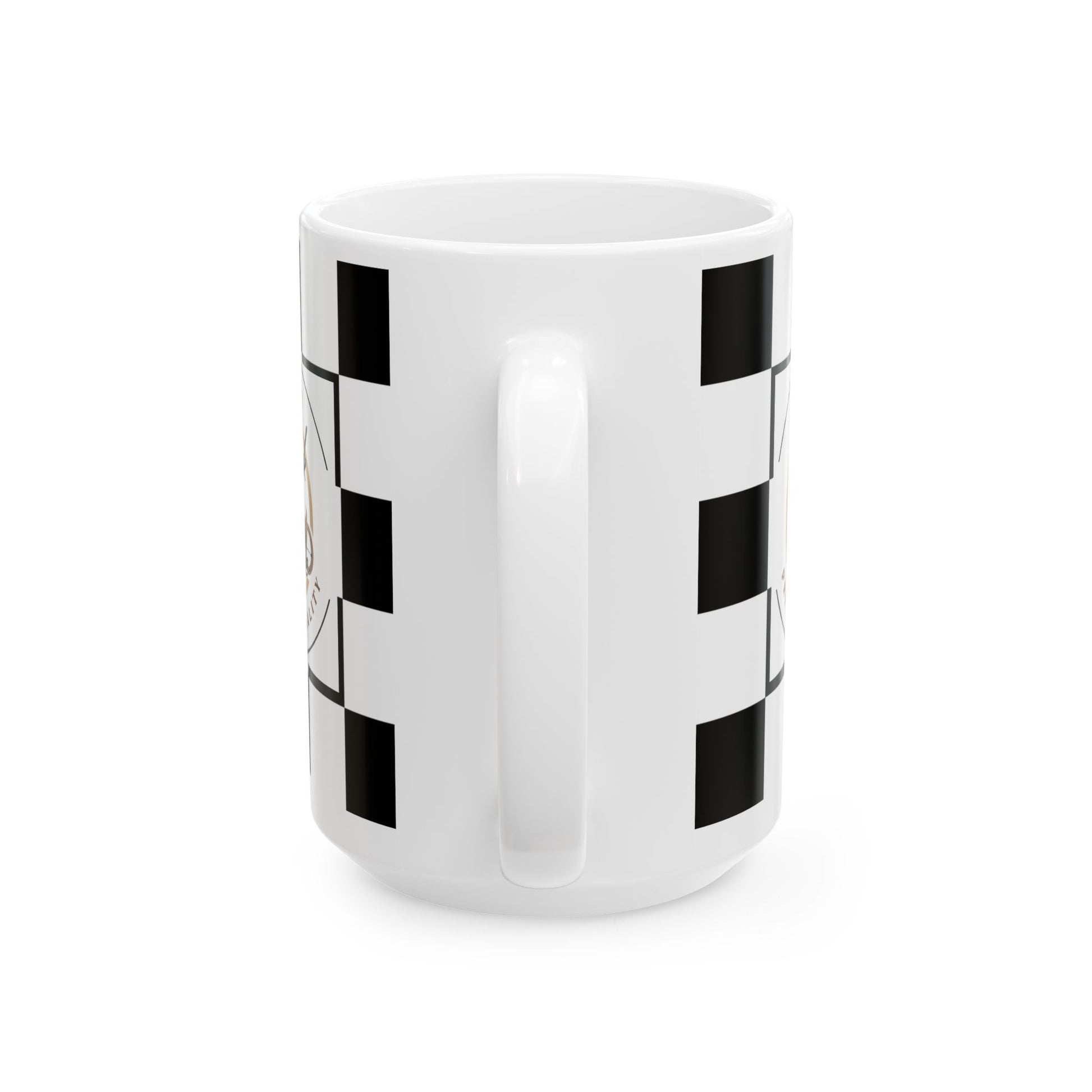 Checkered Ceramic Mug with black and white racing flag design, classic coffee cup for racing fans and gift idea.