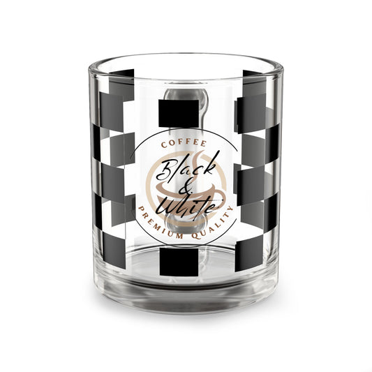 Chic Checkered Glass Mug - 10oz clear glass coffee cup with black and white checkered pattern, modern stylish drinkware.