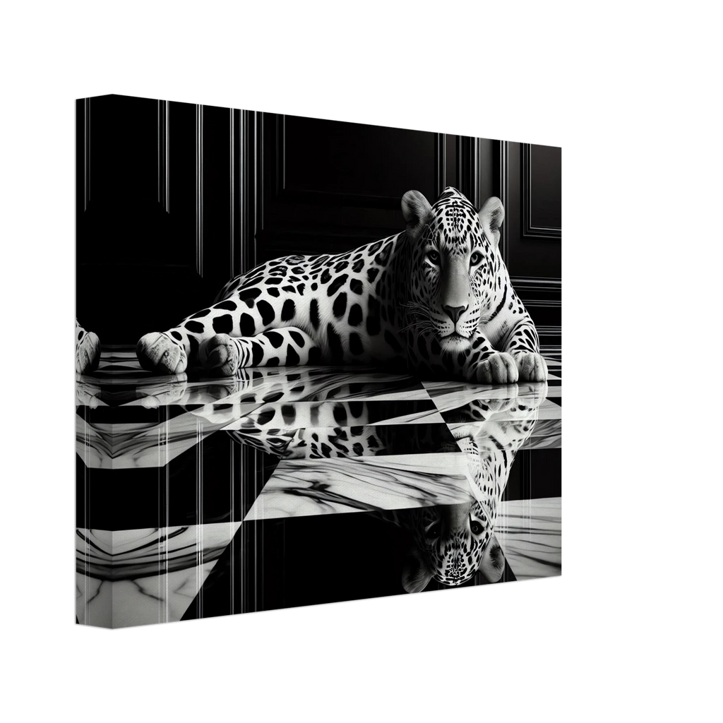 Leopard Canvas Art Print – Striking Design on Black & White Checkered Marble Floor - Print Material -