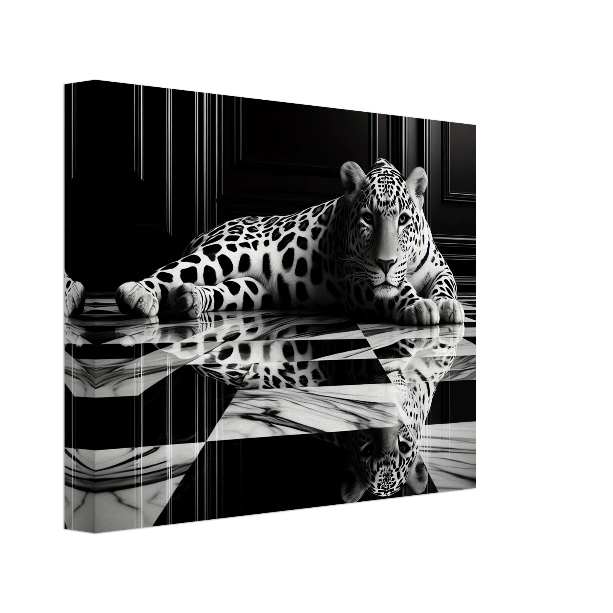 Leopard Canvas Art Print – Striking Design on Black & White Checkered Marble Floor - Print Material -