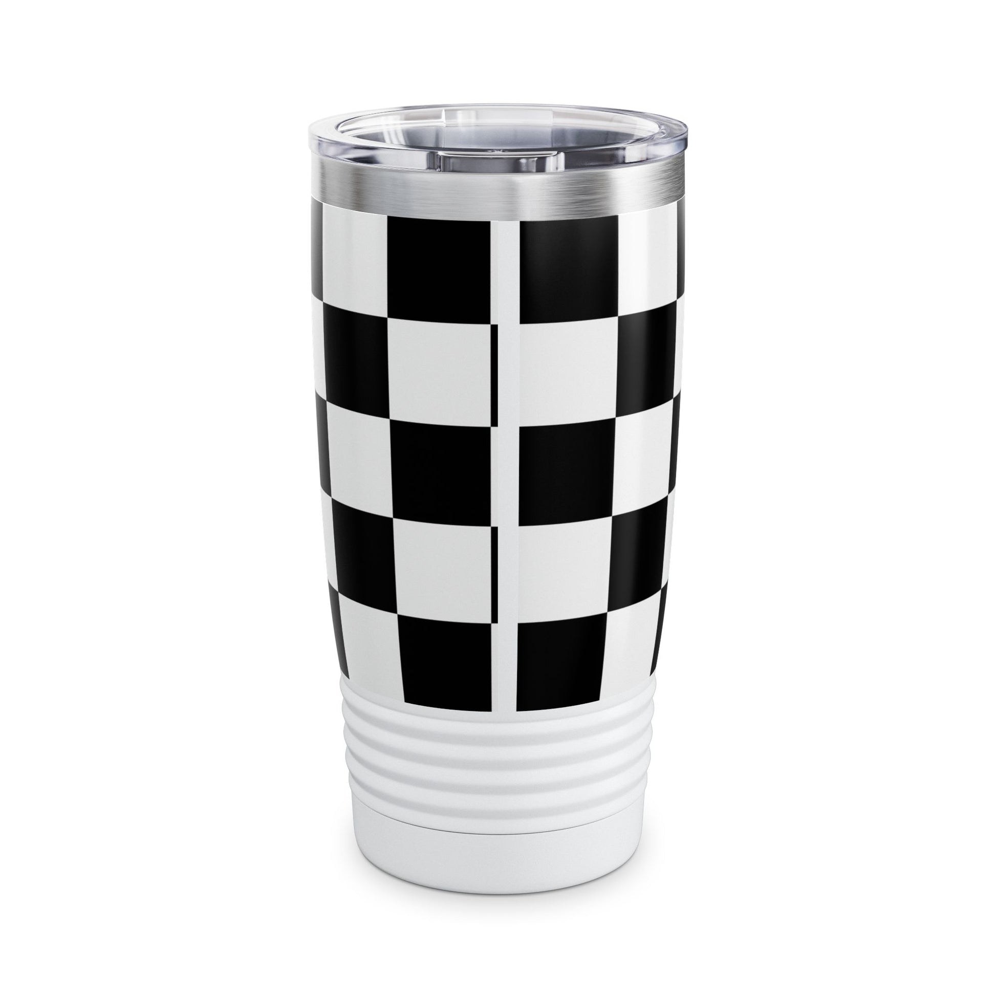 Chic Black & White Checker Print Tumbler 20oz travel mug with ribbed grip and spill-resistant lid for hot or cold drinks.