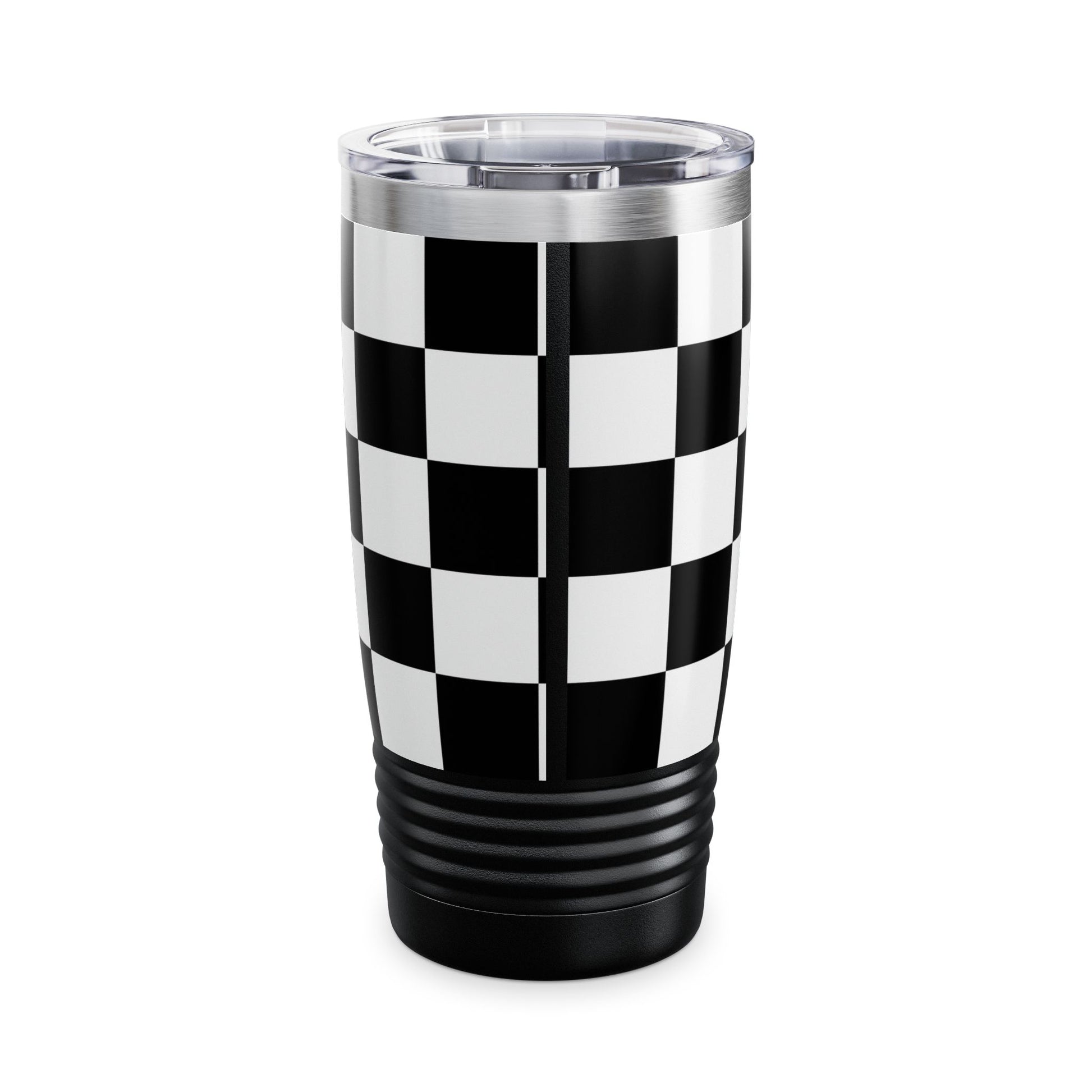 Chic Black & White Checker Print Tumbler 20oz travel mug with ribbed bottom and spill-resistant lid for hot and cold drinks.