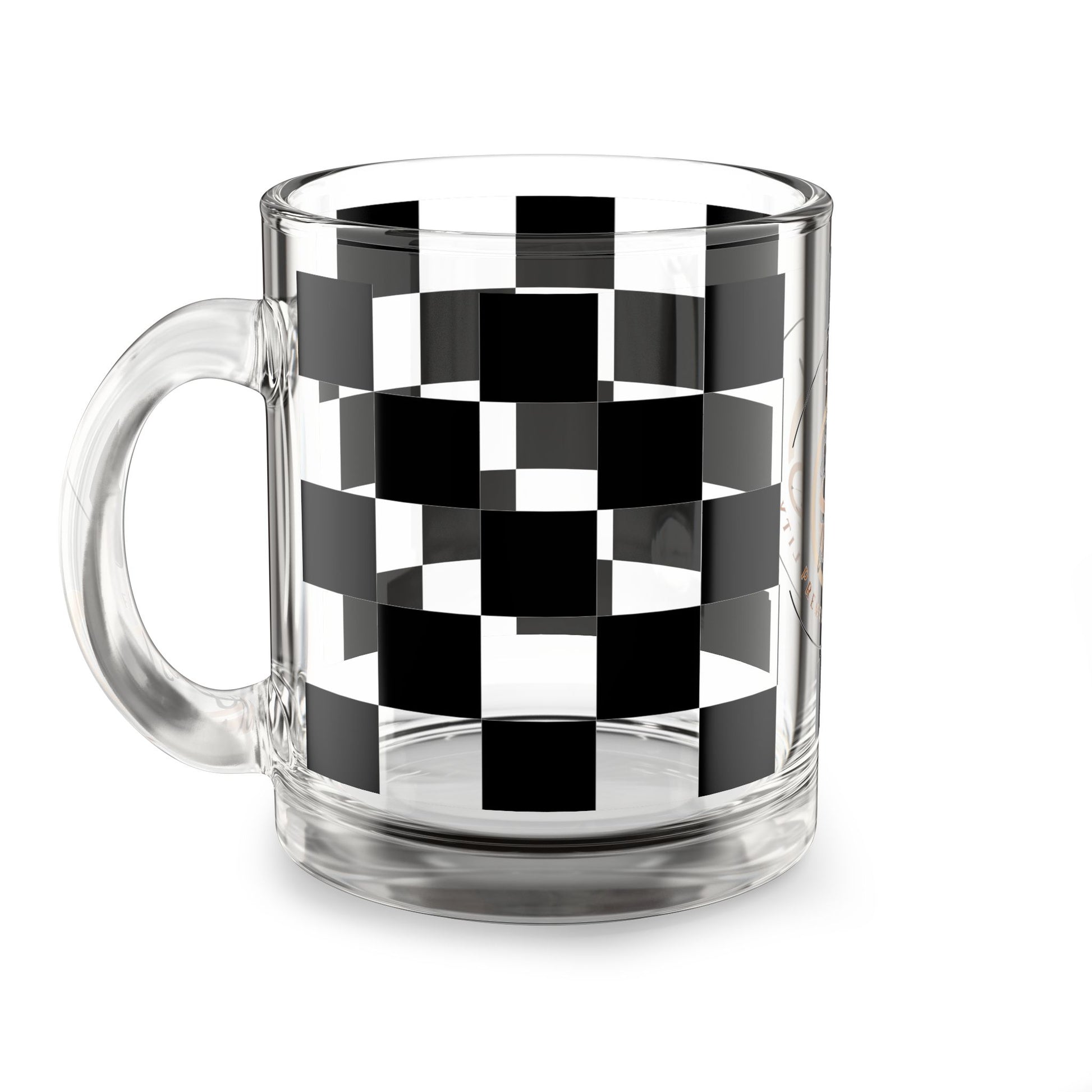 Chic Checkered Glass Mug - 10oz clear glass coffee cup with black and white checkered modern design and ergonomic handle.