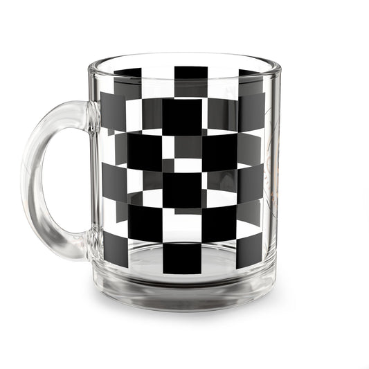 Chic Checkered Glass Mug - 10oz clear glass coffee cup with black and white checkered modern design and ergonomic handle.