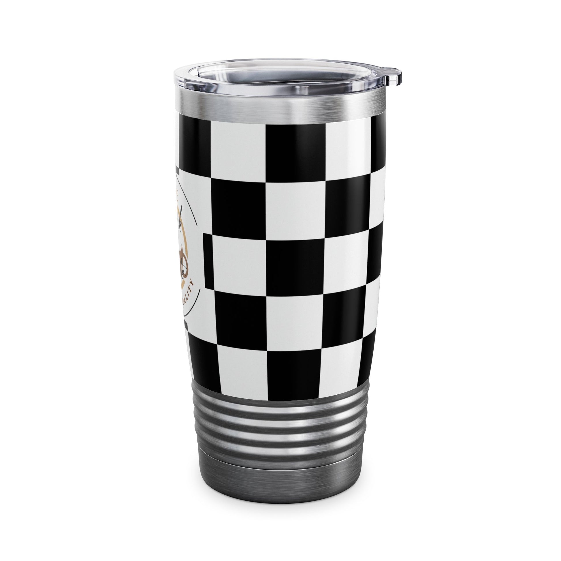 Chic Black & White Checker Print Tumbler 20oz travel mug with spill-resistant lid and ribbed grip base.