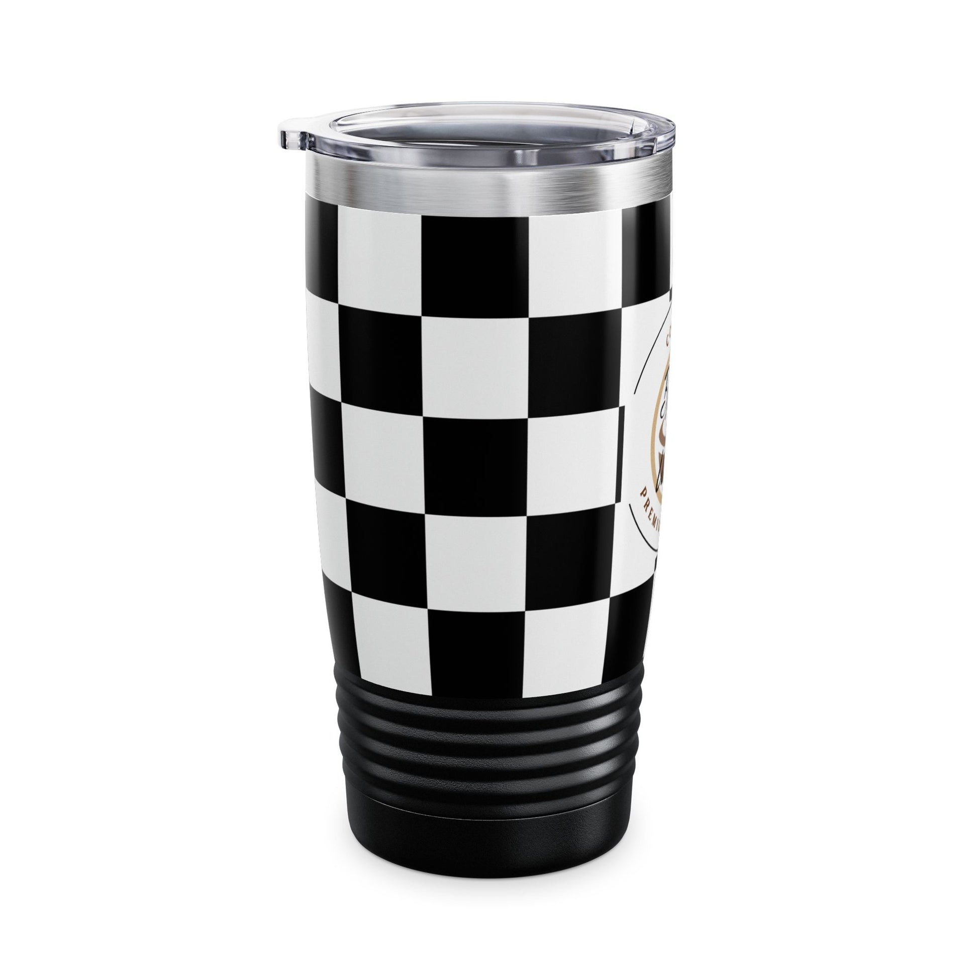 Chic Black & White Checker Print Tumbler 20oz travel mug with ribbed grip, spill-resistant lid, and double-wall insulation.