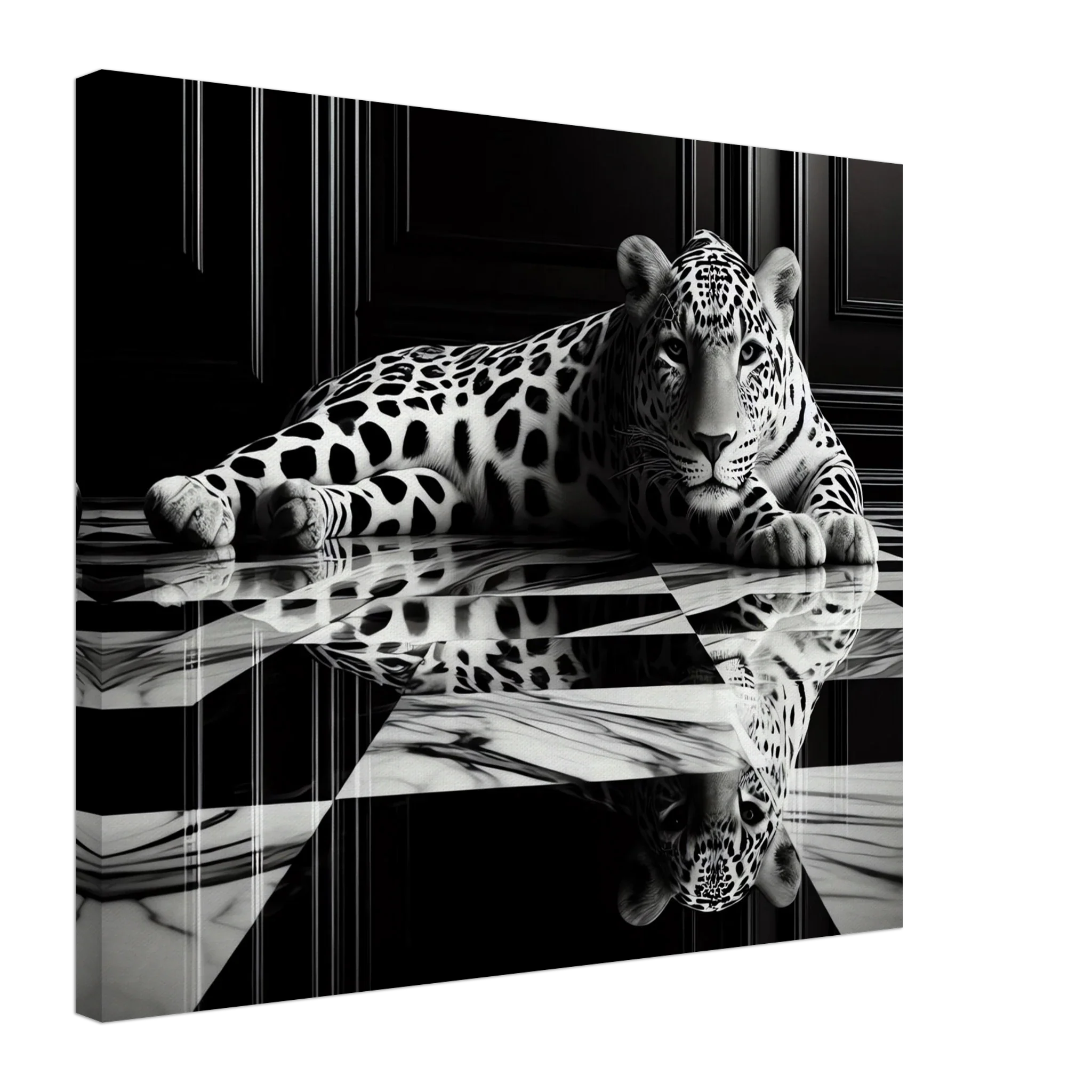 Leopard Canvas Art Print – Striking Design on Black & White Checkered Marble Floor - Print Material -