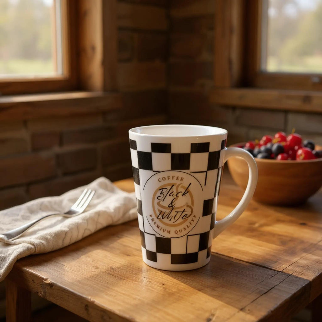 Elegant Black and White Checkered Ceramic Latte Mug - 17oz Coffee Cup - Print Material -