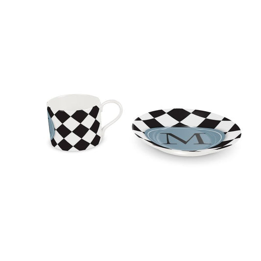 Black & White Cup and Saucer Set with Letter M | Elegant Monogram Tea Set