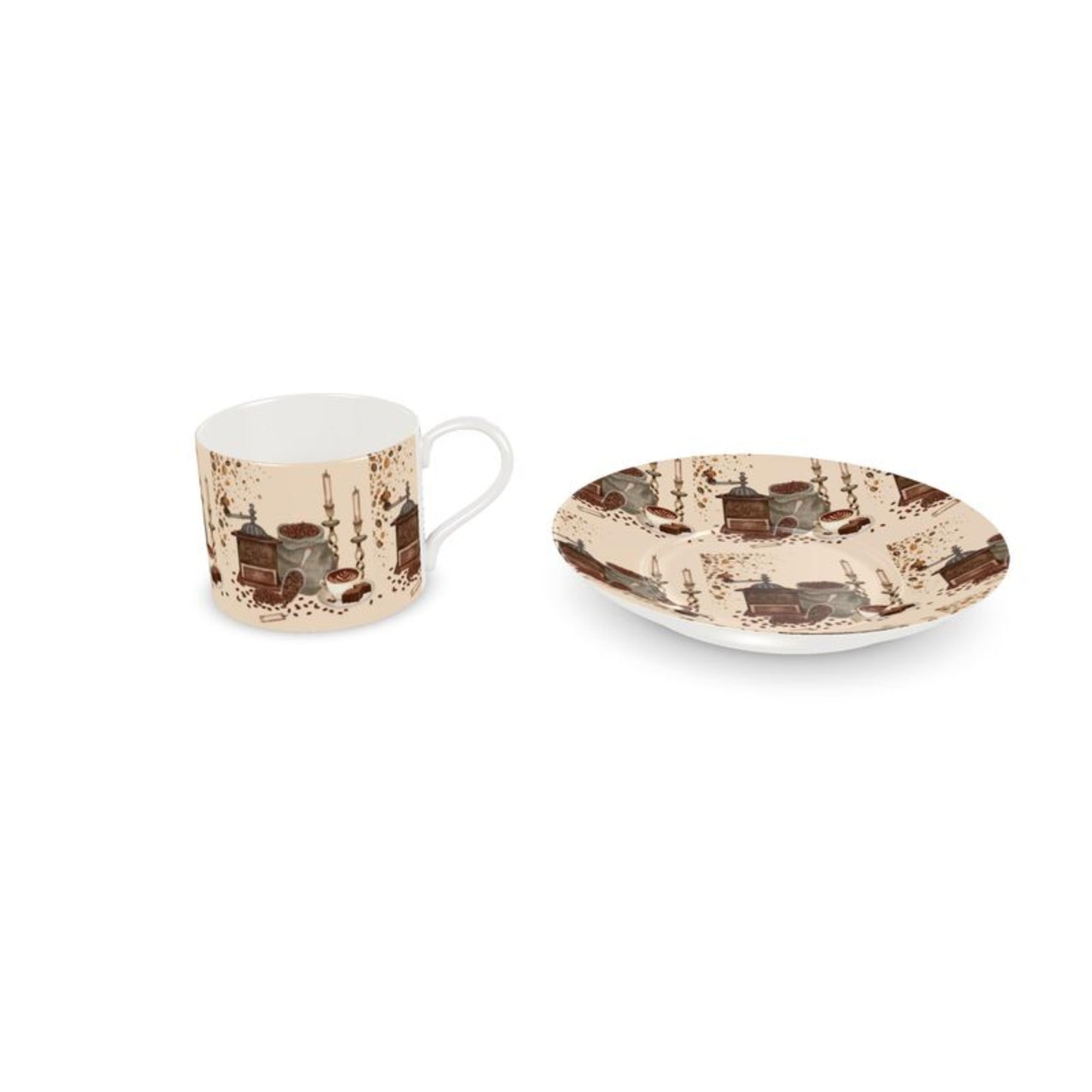 Vintage Coffee Grinder Cup and Saucer Set – Ceramic Teacup for Coffee