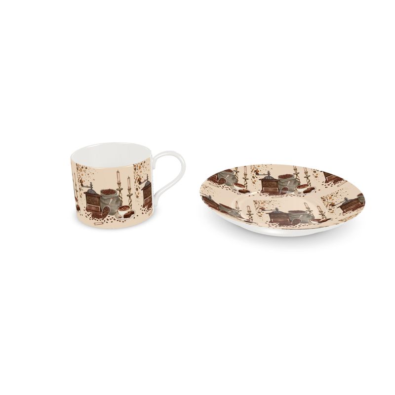 Vintage Coffee Grinder Cup and Saucer Set – Ceramic Teacup for Coffee