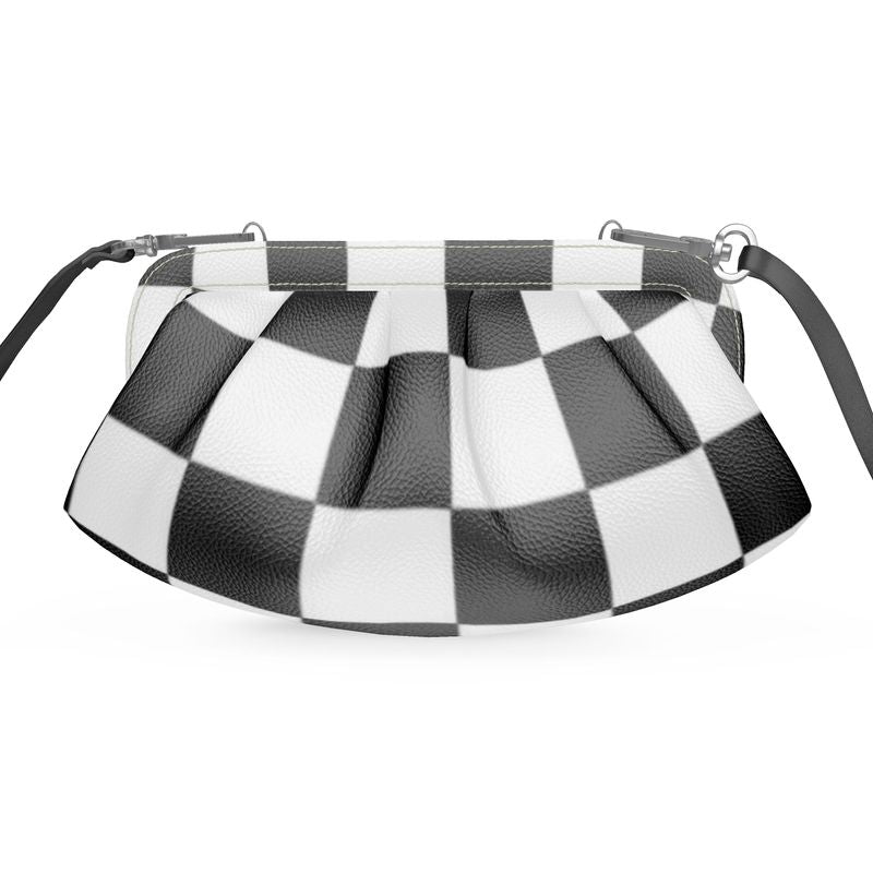 Pleated soft frame bag featuring a stylish black and white checkerboard pattern and detachable shoulder strap.