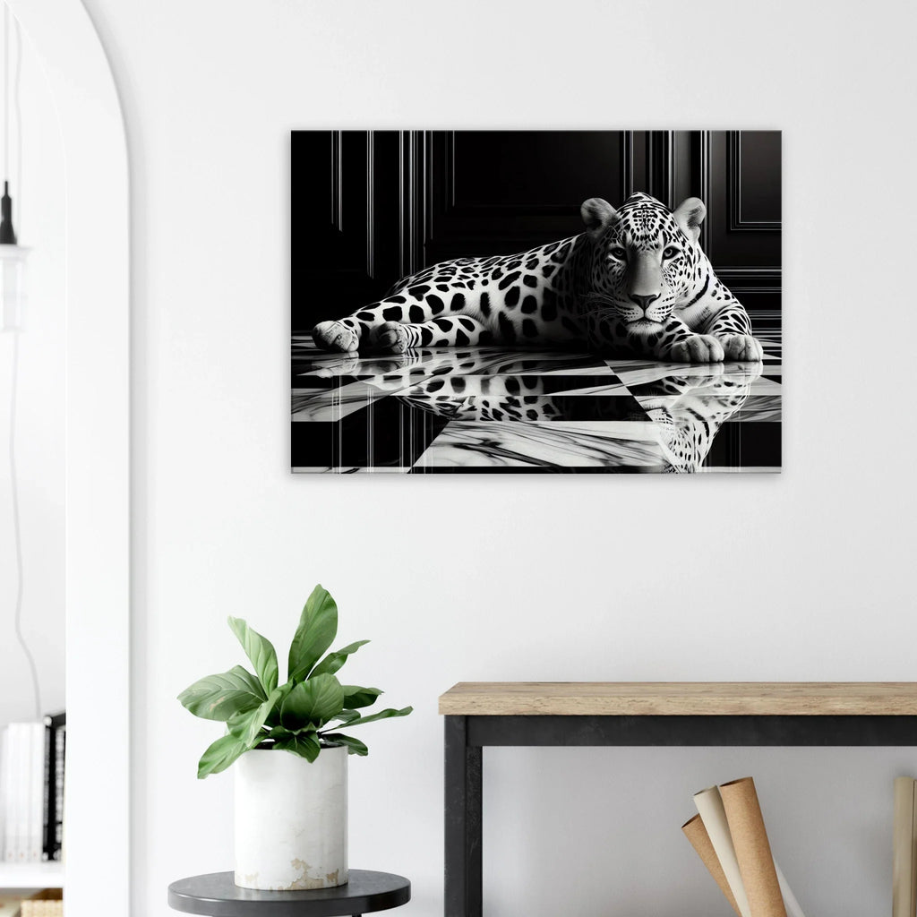 Leopard Canvas Art Print – Striking Design on Black & White Checkered Marble Floor - Print Material -