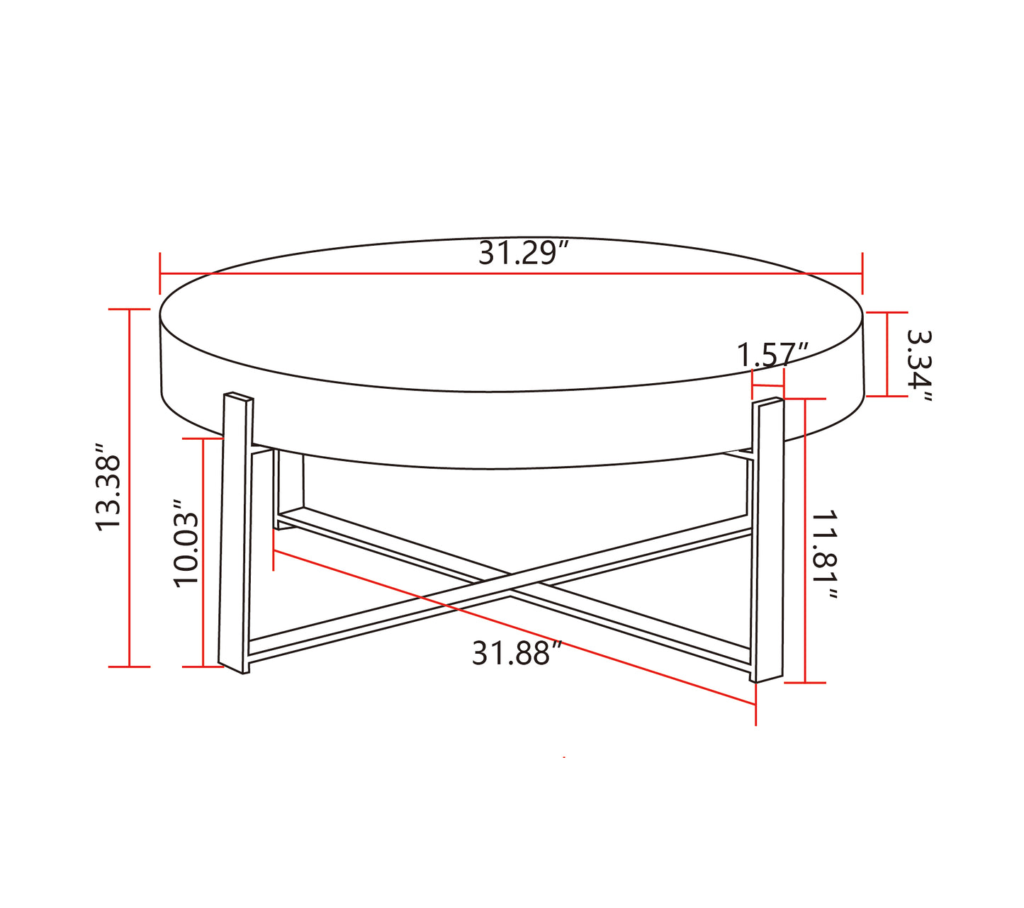 31.29"Modern Retro Splicing Round Coffee Table  Fir Wood Table Top with Cross Legs Metal Base