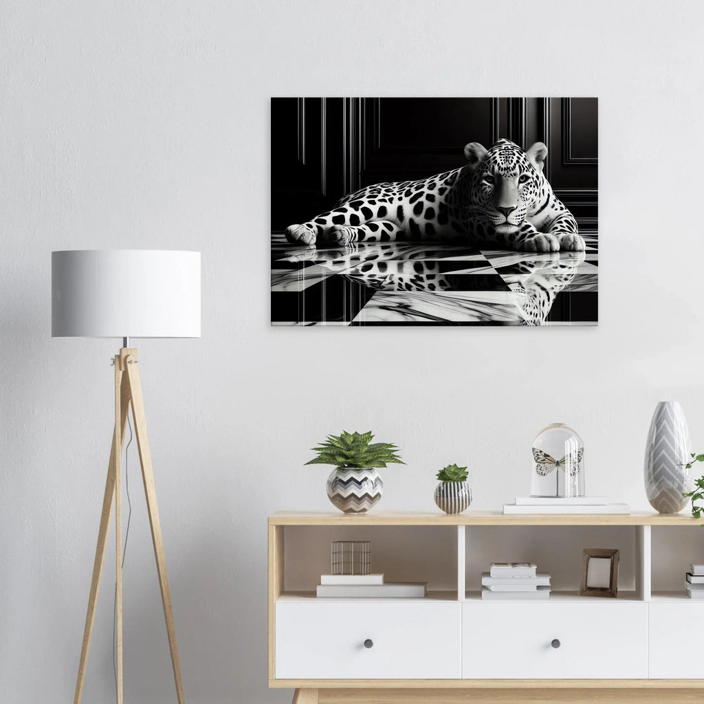 Leopard Canvas Art Print – Striking Design on Black & White Checkered Marble Floor - Print Material -