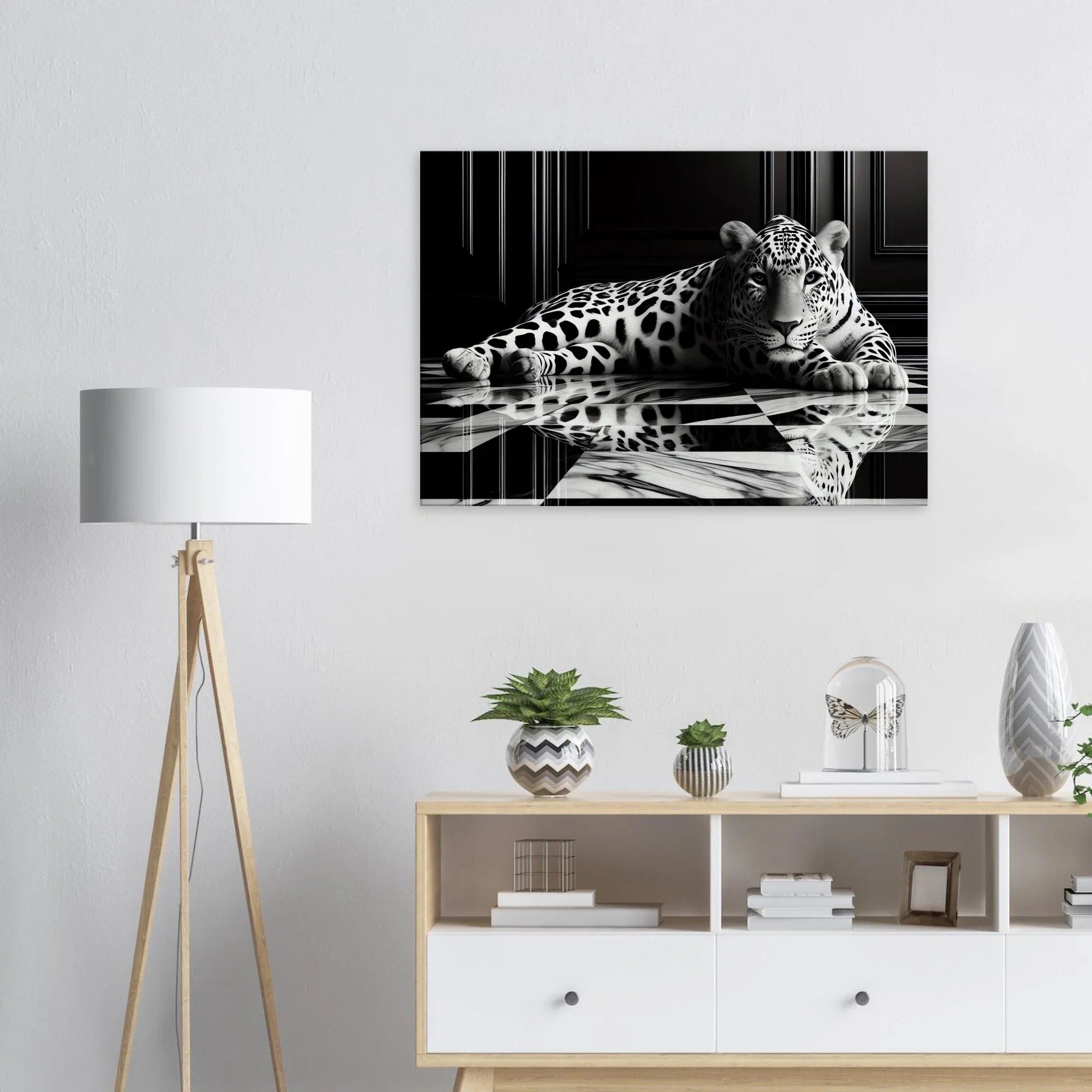 Leopard Canvas Art Print – Striking Design on Black & White Checkered Marble Floor - Print Material -