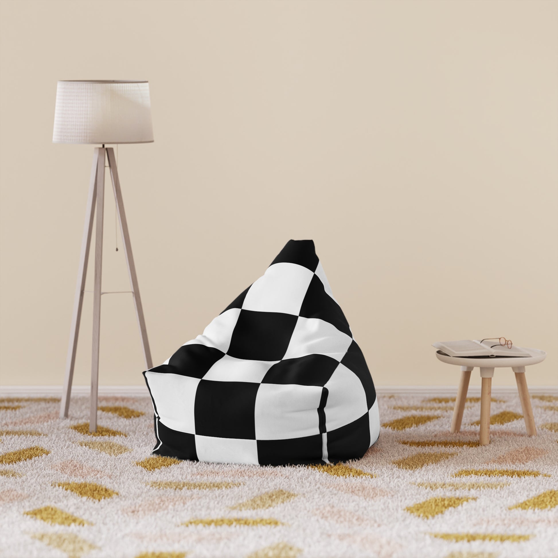 Chic Black & White Checkered Bean Bag Chair Cover in a modern living room with floor lamp and side table.