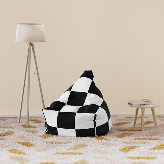 Chic Black & White Checkered Bean Bag Chair Cover in a modern living room with floor lamp and side table.
