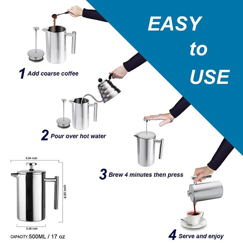 Coffee pot 304 stainless steel French press double-layer hand-pour straight handle coffee brewing pot by eprolo