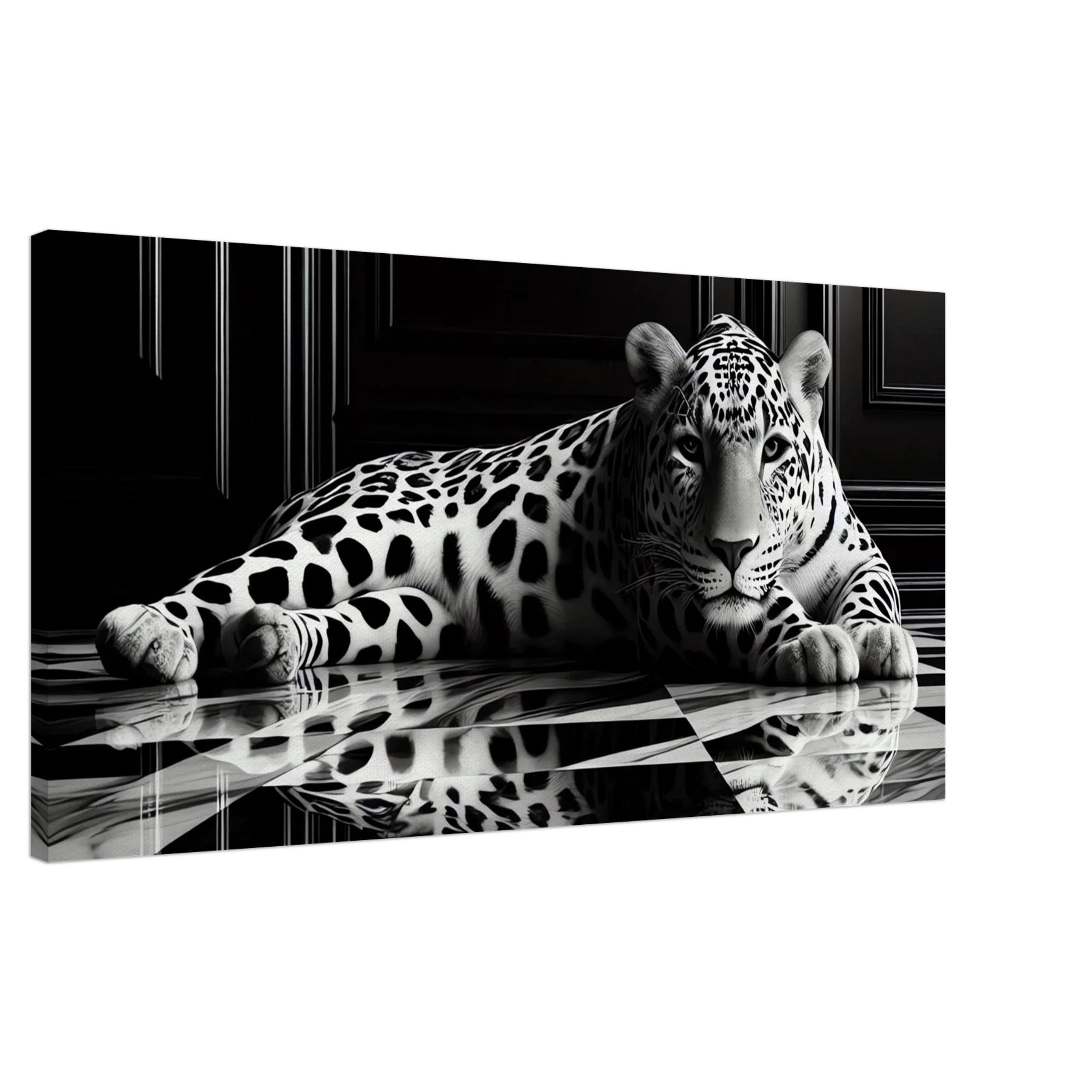 Leopard Canvas Art Print – Striking Design on Black & White Checkered Marble Floor - Print Material -