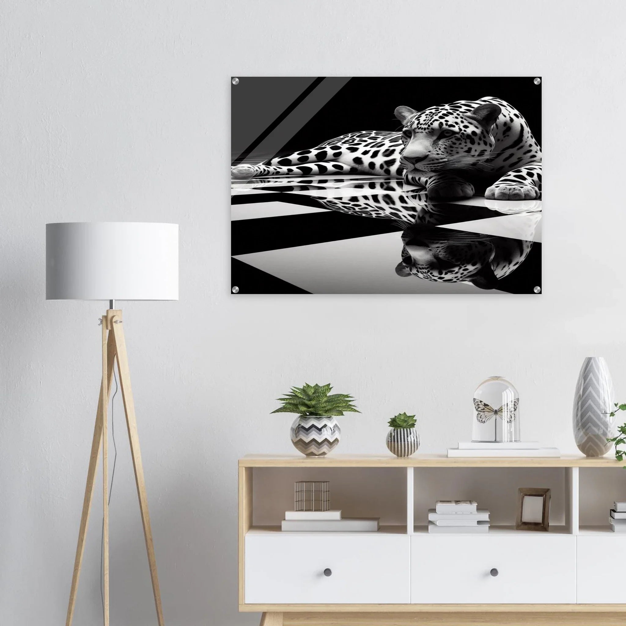 Leopard Acrylic Print on Black and White Checkered Floor – Glossy Finish Wall Art - Print Material -