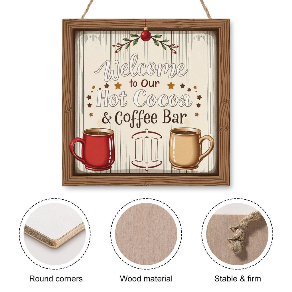 Welcome Coffe Bar Christmas Hot Cocoa Sign Square Wood Wall Decor Hanging Sign-12"x12"/30x30cm