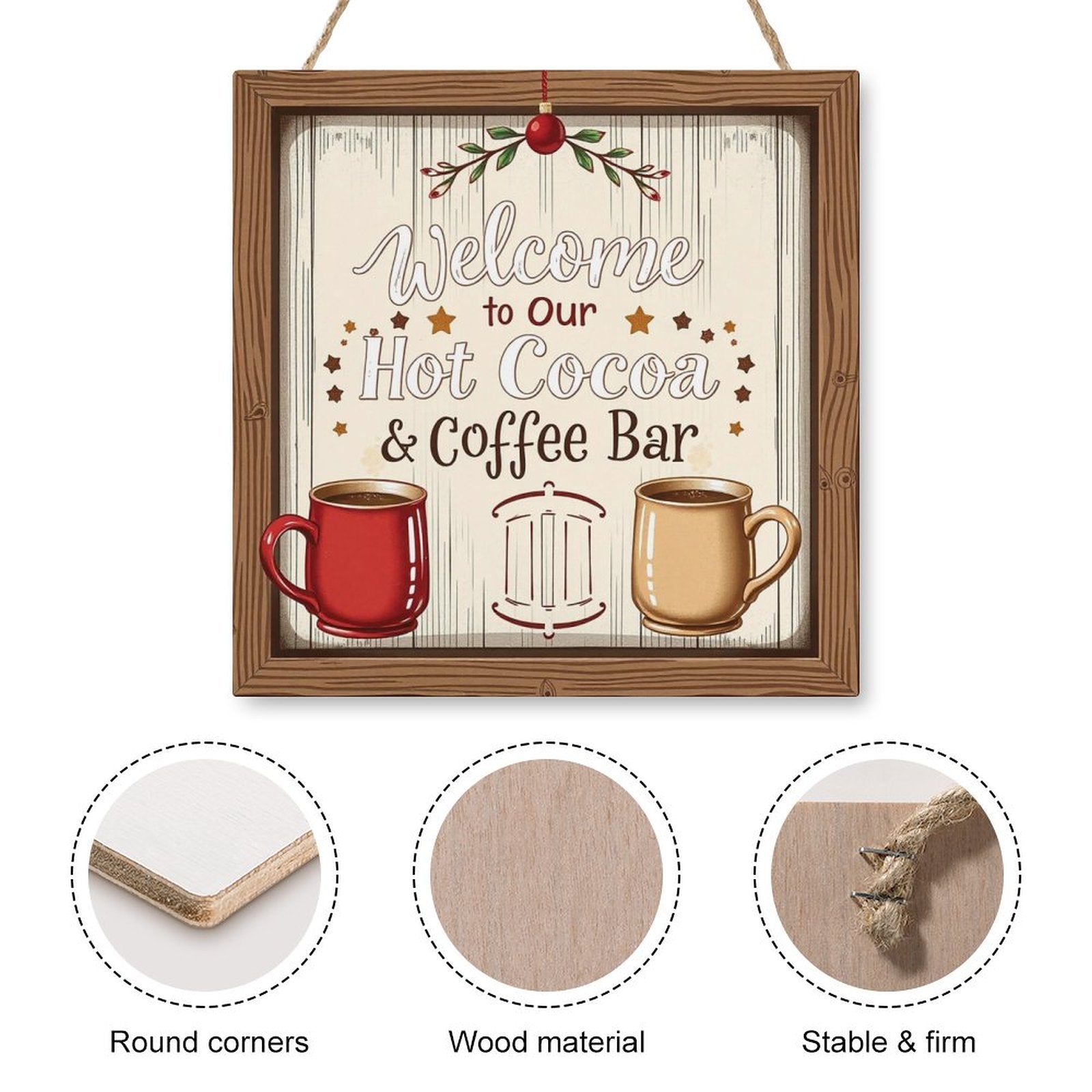 Welcome Coffe Bar Christmas Hot Cocoa Sign Square Wood Wall Decor Hanging Sign-12"x12"/30x30cm
