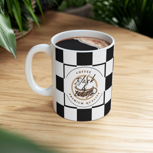 Checkered Ceramic Mug with black and white racing flag design, glossy finish, perfect for coffee and tea lovers.