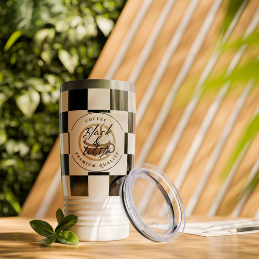 Chic Black & White Checker Print Tumbler 20oz travel mug with spill-resistant lid and double-wall insulation.