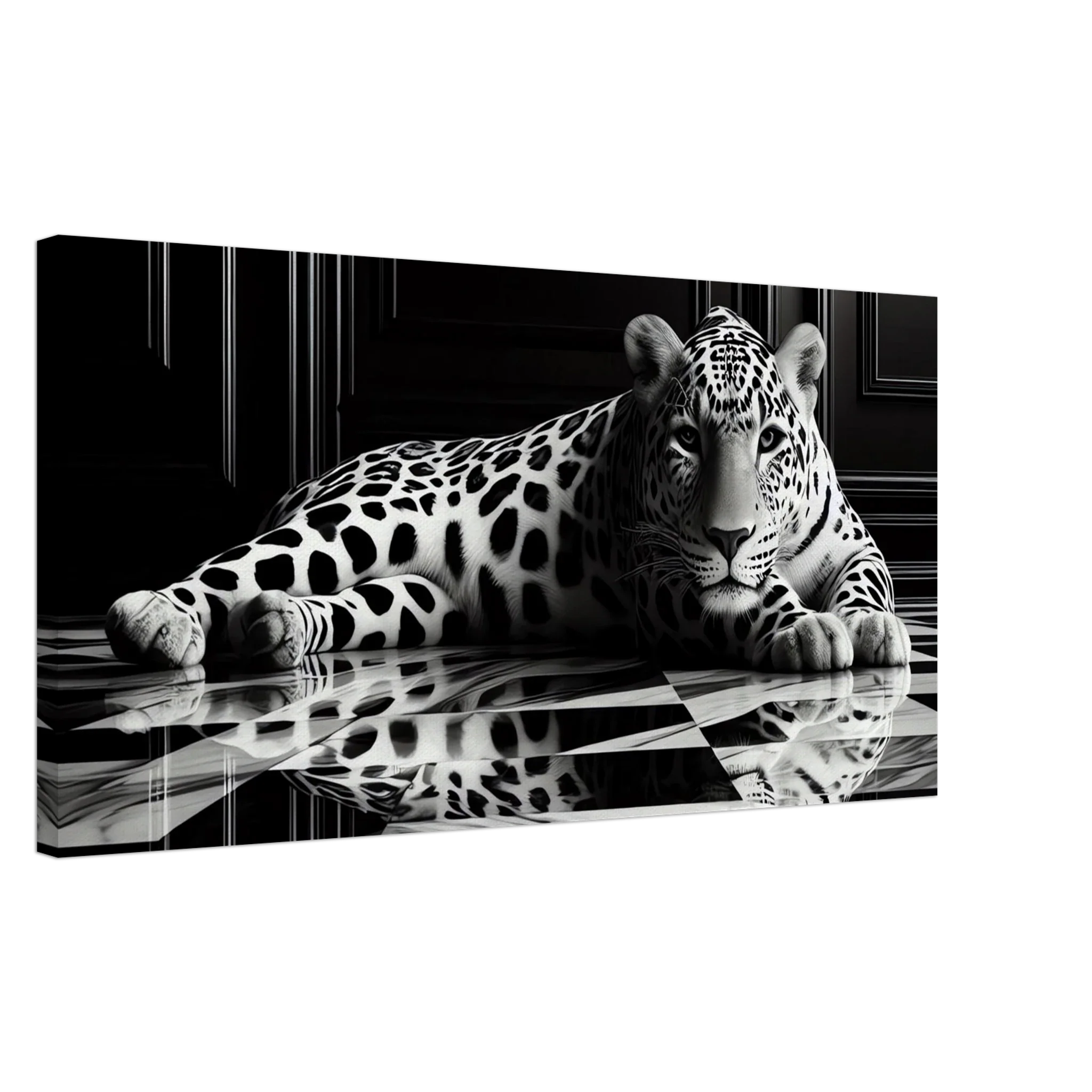 Leopard Canvas Art Print – Striking Design on Black & White Checkered Marble Floor - Print Material -