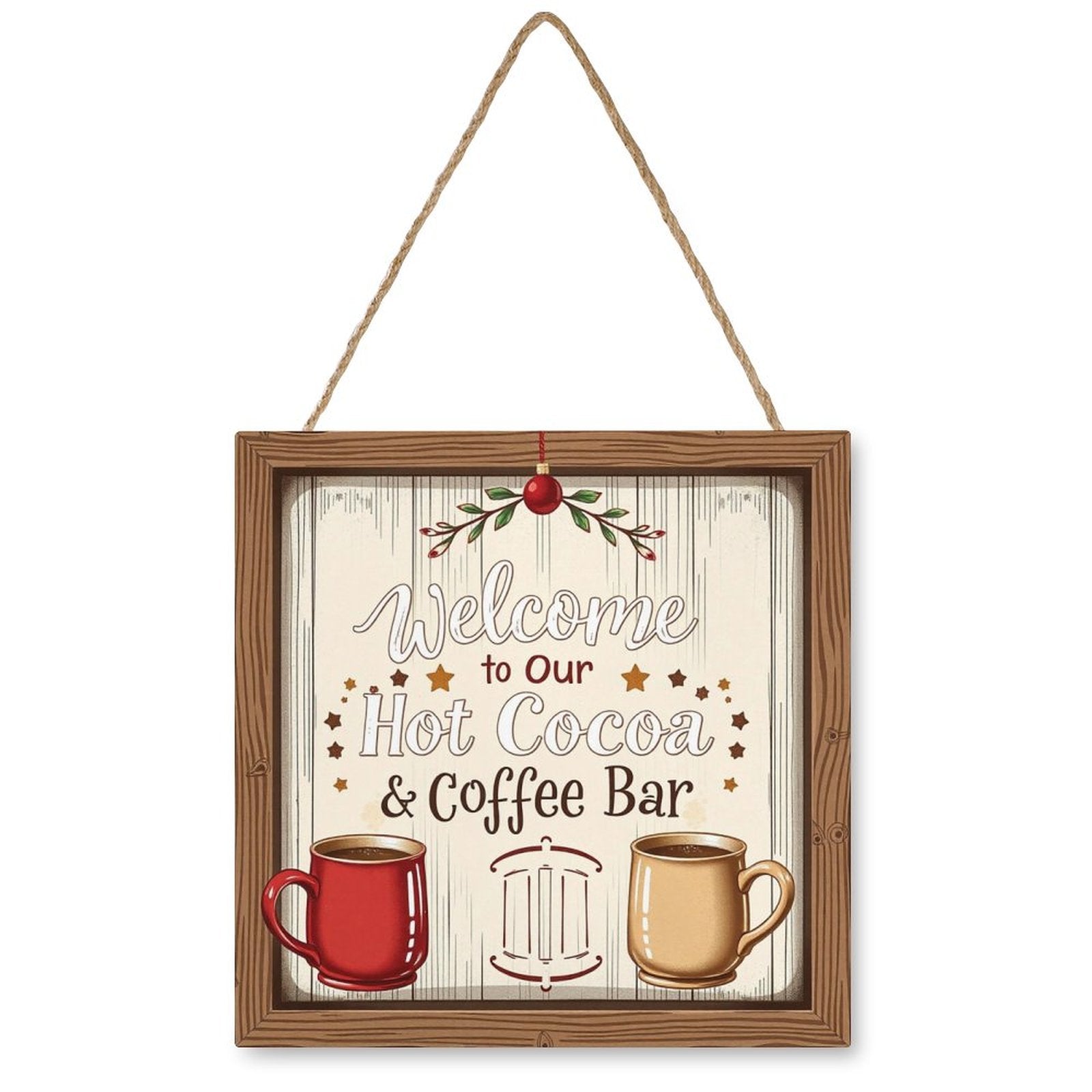 Welcome Coffe Bar Christmas Hot Cocoa Sign Square Wood Wall Decor Hanging Sign-12"x12"/30x30cm