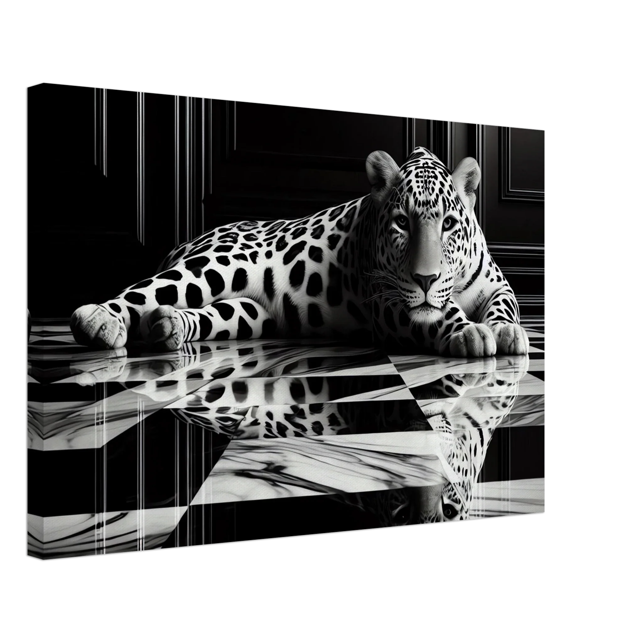 Leopard Canvas Art Print – Striking Design on Black & White Checkered Marble Floor - Print Material -