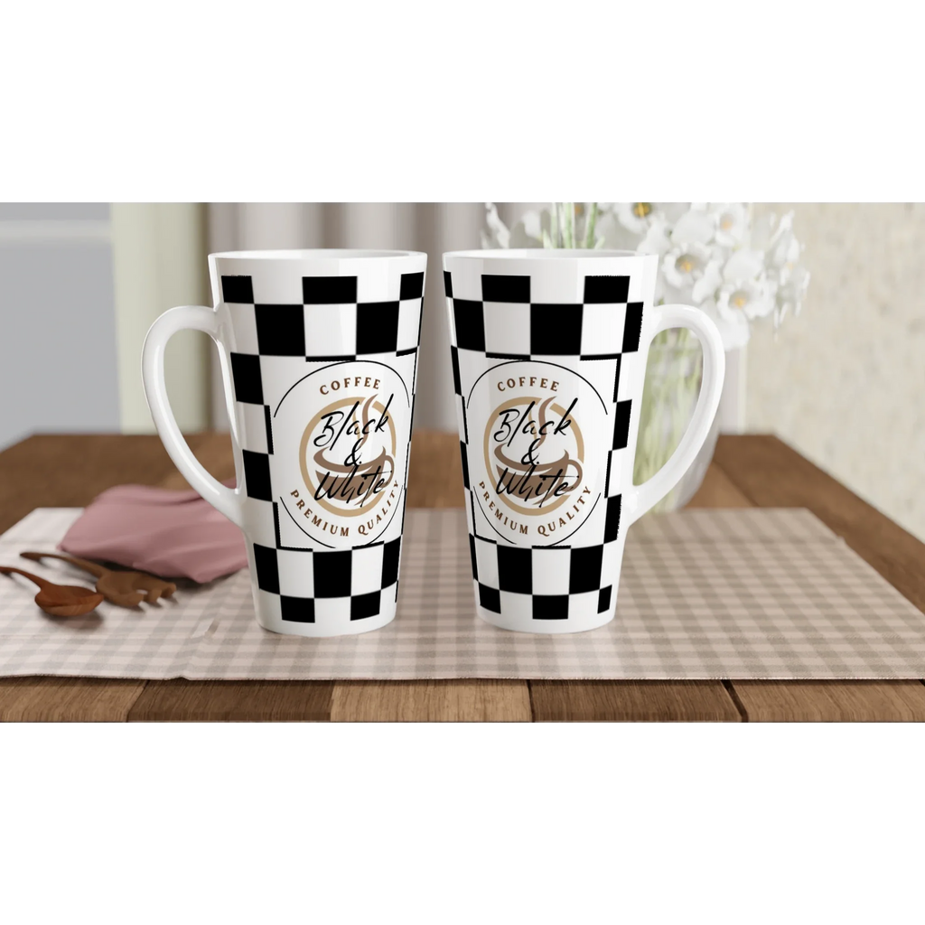 Elegant Black and White Checkered Ceramic Latte Mug - 17oz Coffee Cup - Print Material -