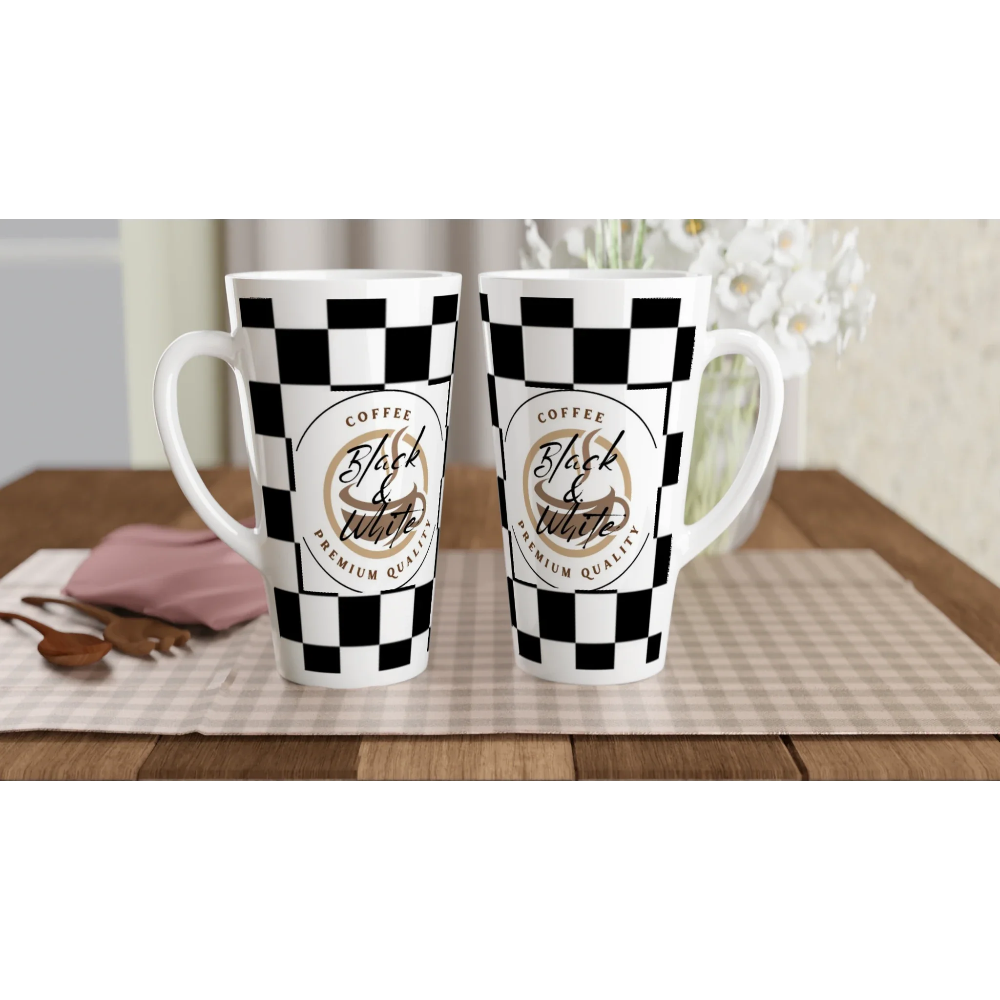 Elegant Black and White Checkered Ceramic Latte Mug - 17oz Coffee Cup - Print Material -