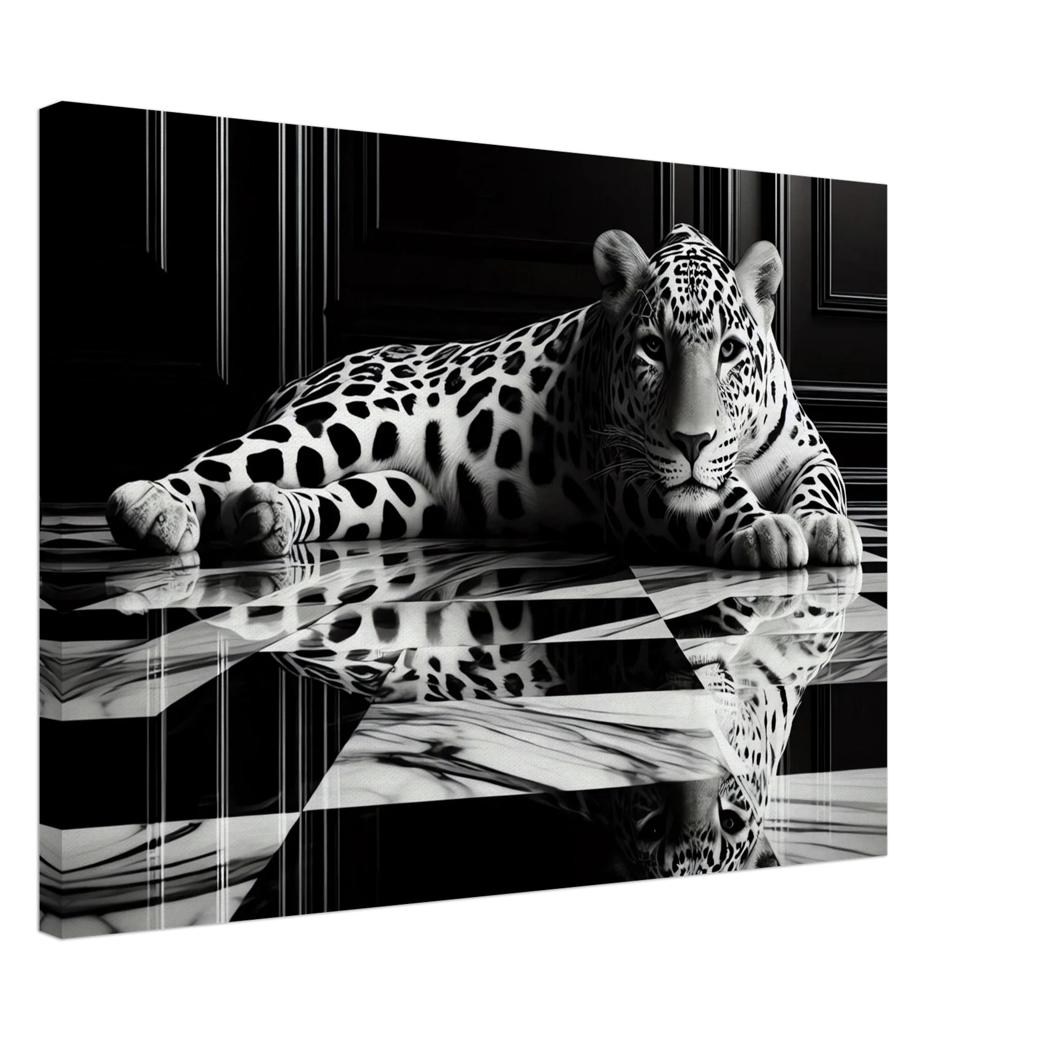 Leopard Canvas Art Print – Striking Design on Black & White Checkered Marble Floor - Print Material -