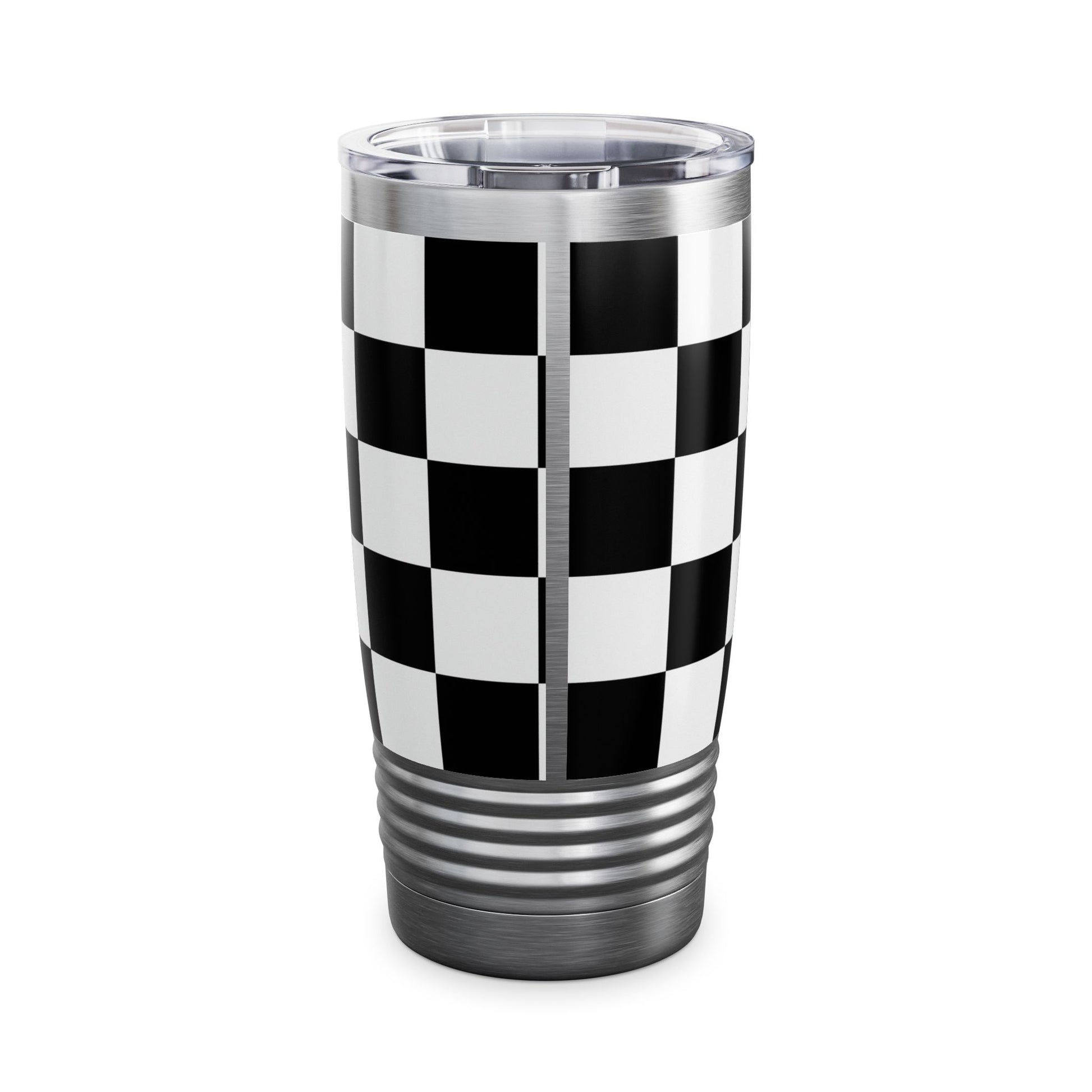 Chic Black & White Checker Print Tumbler 20oz travel mug with ribbed grip and spill-resistant lid for hot or cold drinks.
