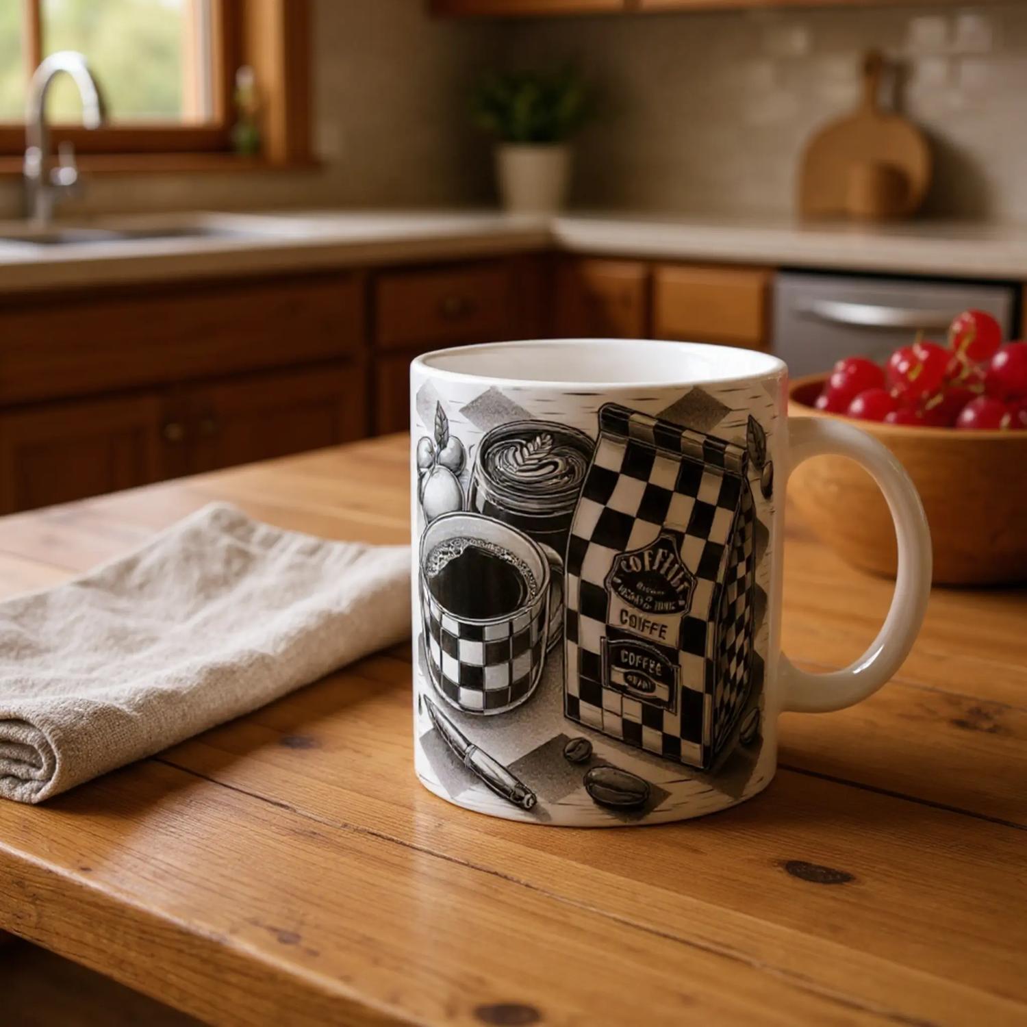 Elegant Black & White Ceramic Mug – 11oz Glossy Design for Coffee & More - Mug -