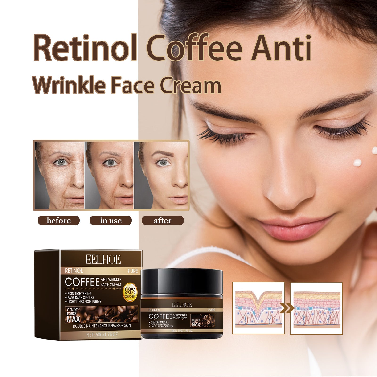 Retinol Coffee Anti Wrinkle Face Cream, Repair Damaged Skin Reduce The Wrinkle Defects Soft Cream -  -
