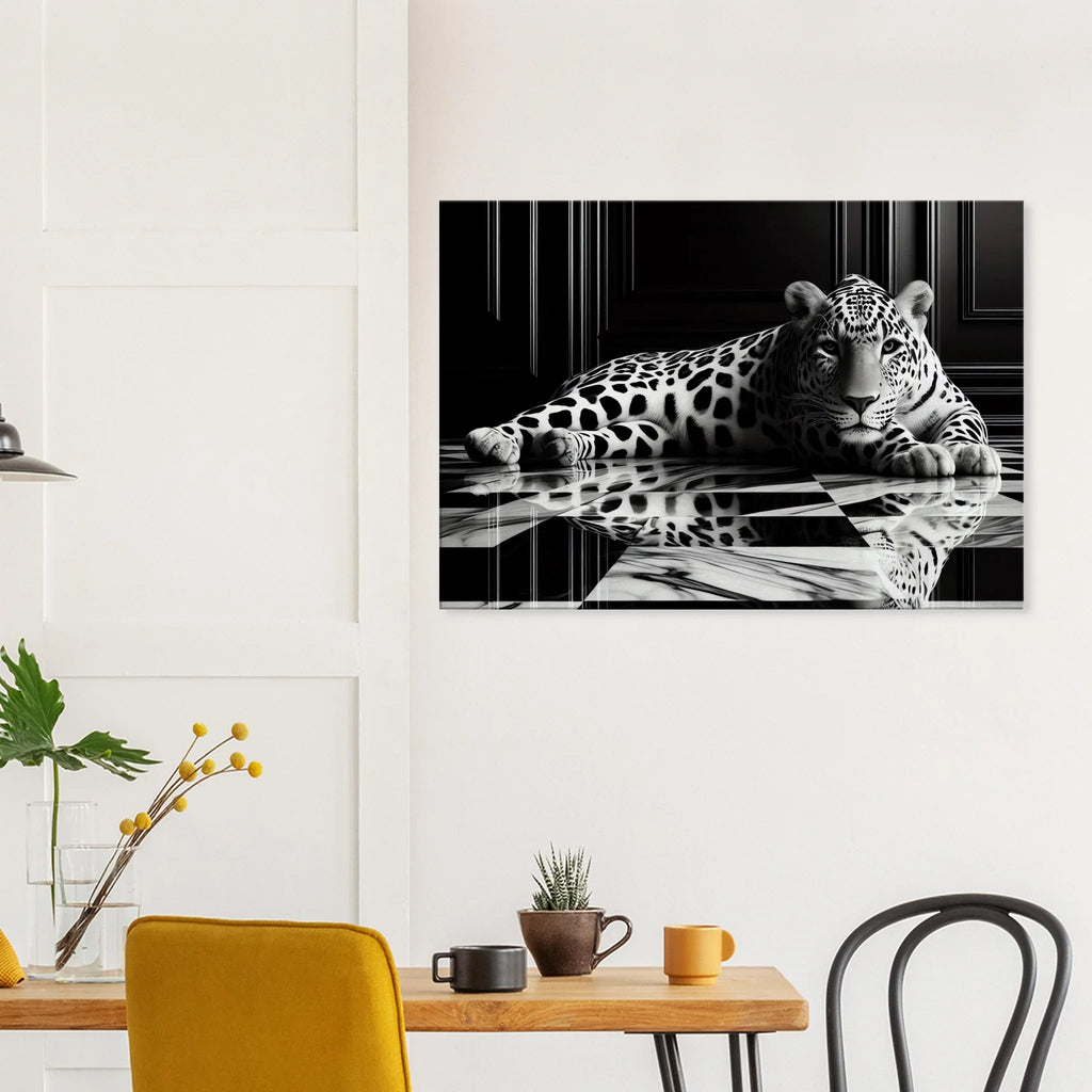 Leopard Canvas Art Print – Striking Design on Black & White Checkered Marble Floor - Print Material -
