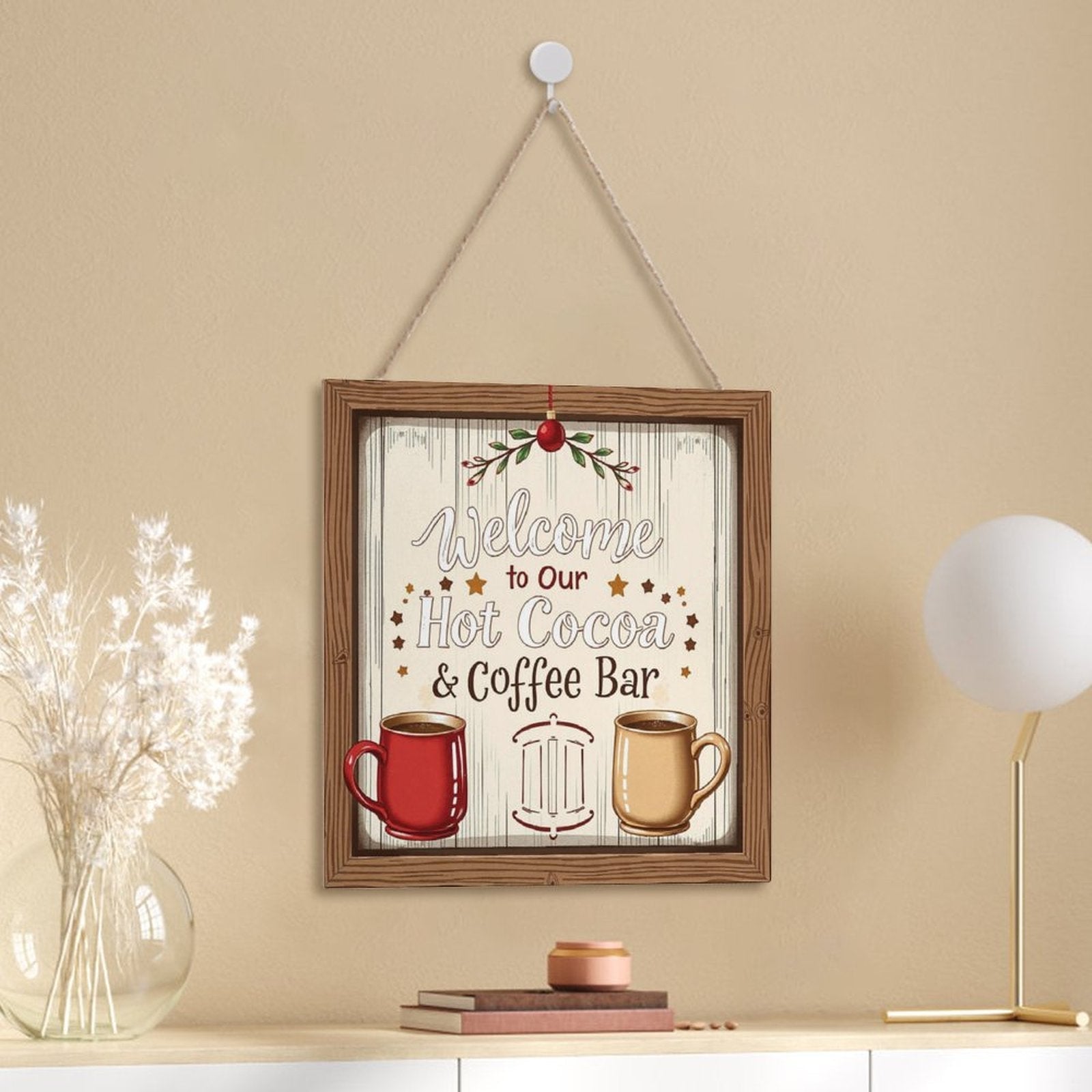 Welcome Coffe Bar Christmas Hot Cocoa Sign Square Wood Wall Decor Hanging Sign-12"x12"/30x30cm