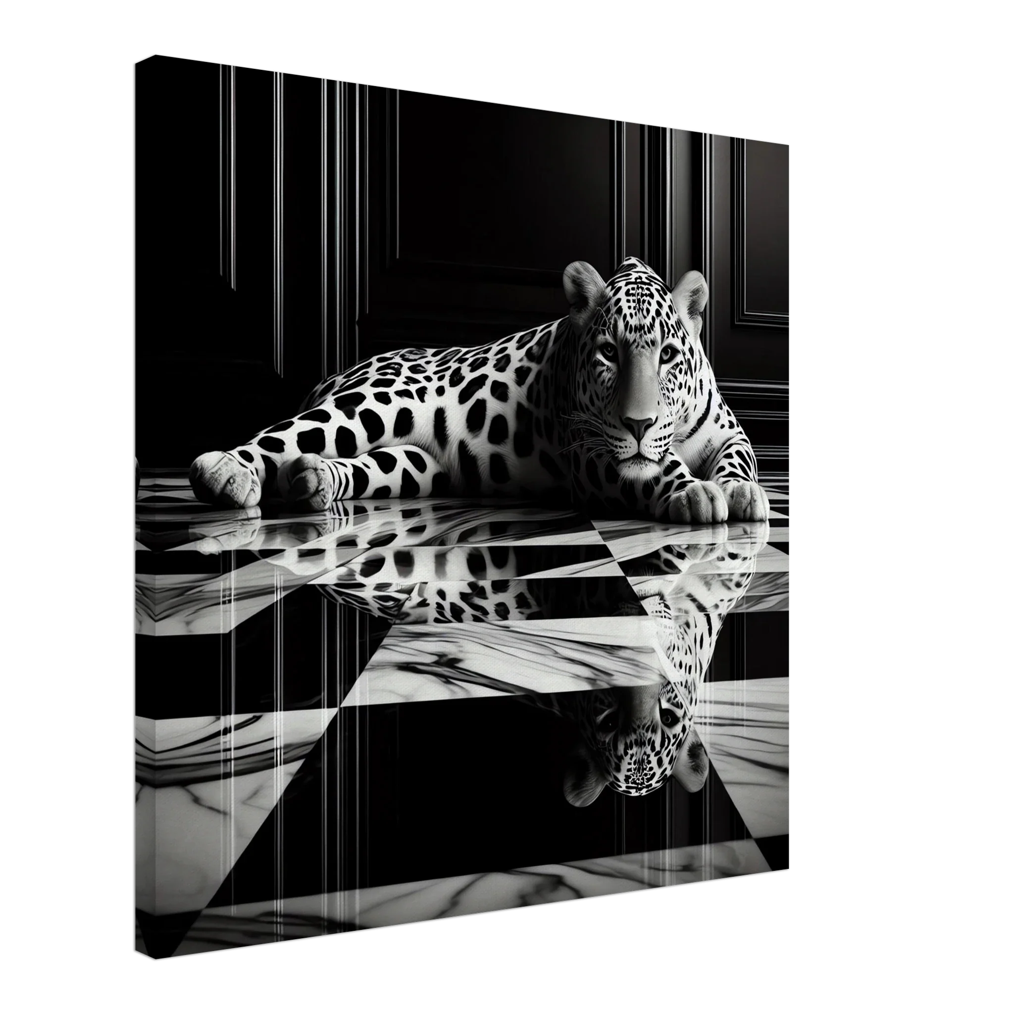Leopard Canvas Art Print – Striking Design on Black & White Checkered Marble Floor - Print Material -